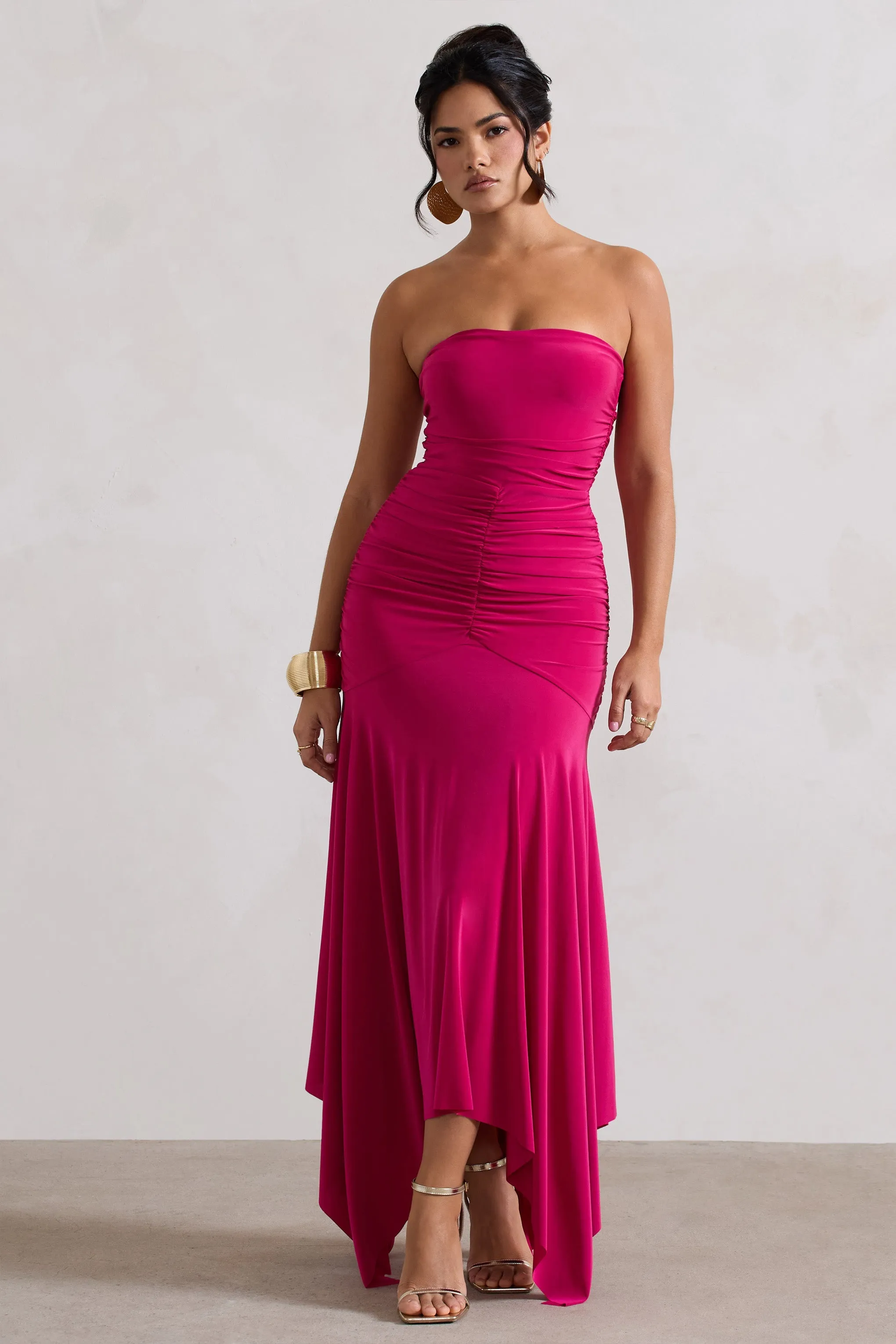 Florianne | Hot Pink Ruched Bandeau Midi Dress