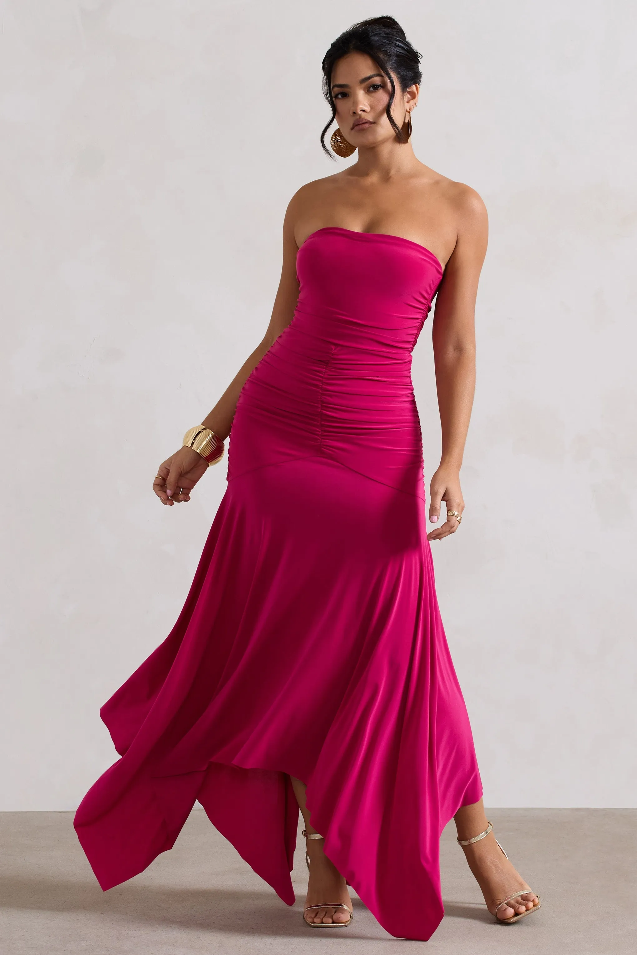 Florianne | Hot Pink Ruched Bandeau Midi Dress