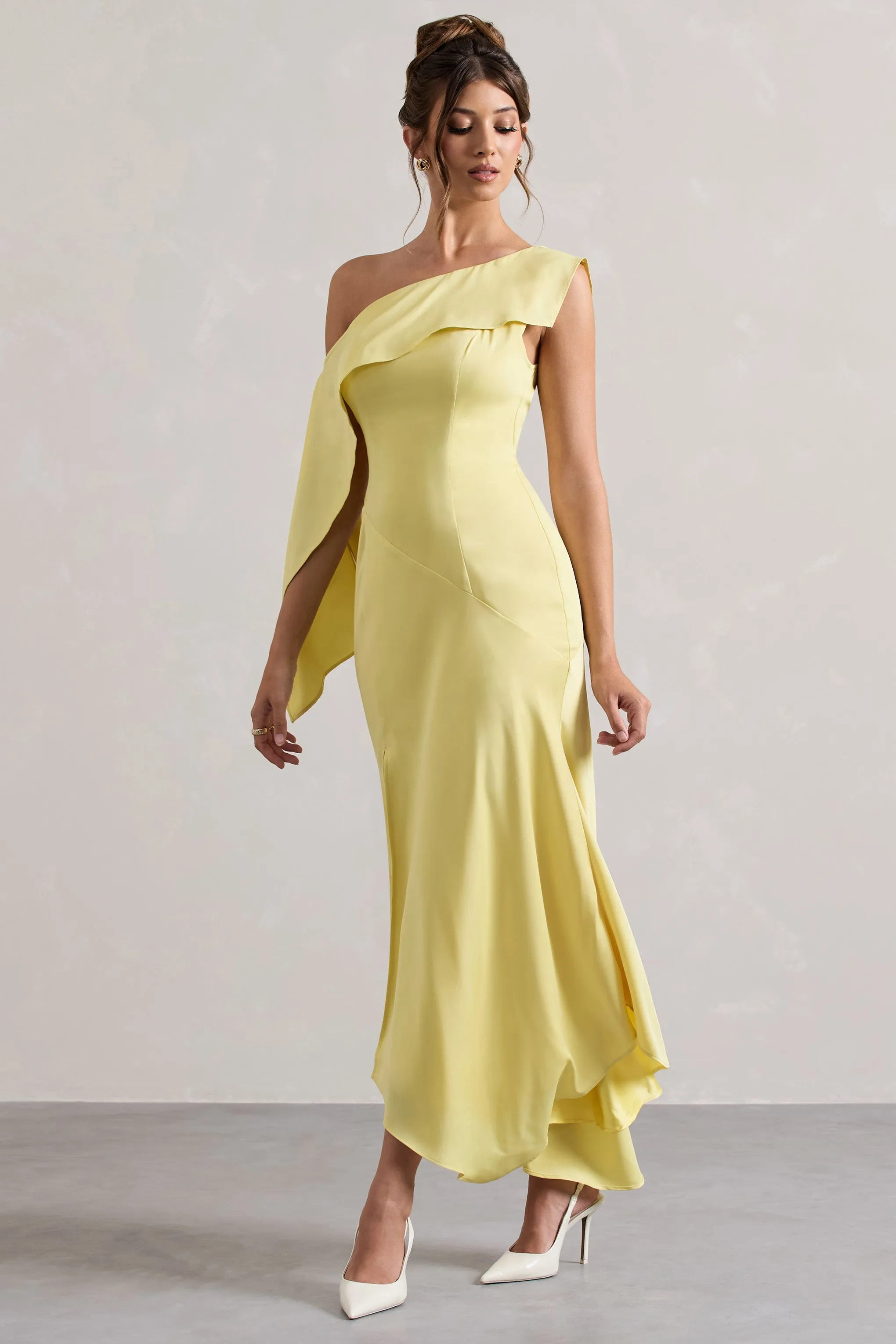 Freesia | Lemon Satin Asymmetric Draped Split Maxi Dress