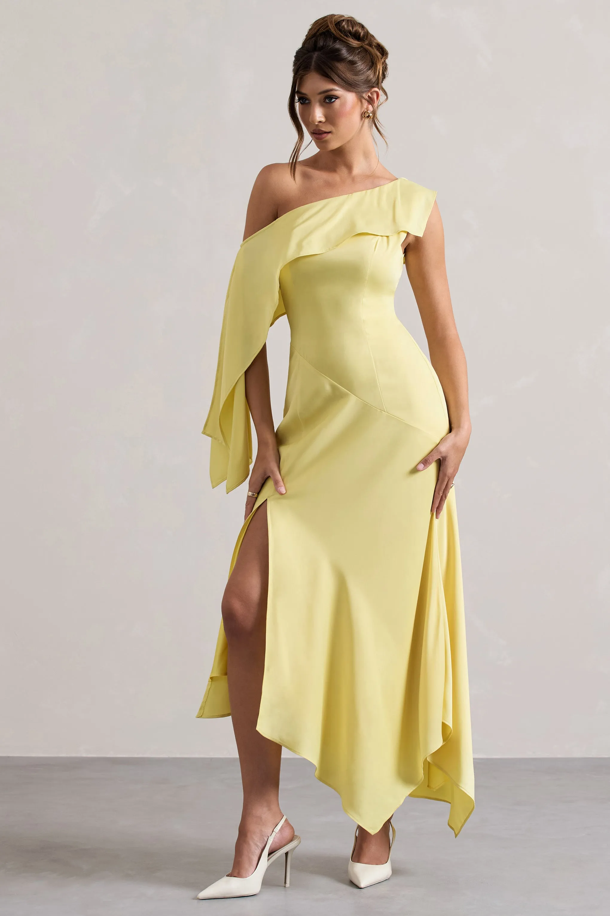 Freesia | Lemon Satin Asymmetric Draped Split Maxi Dress