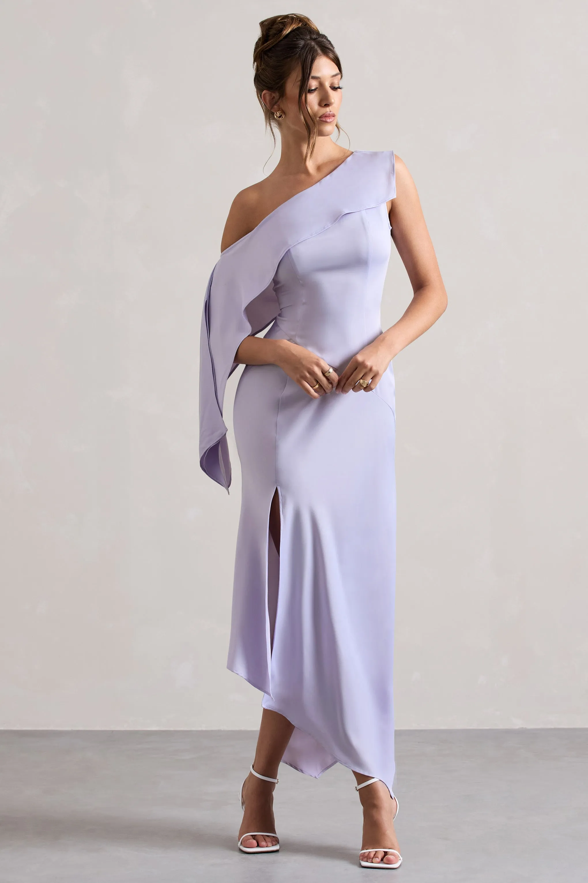 Freesia | Lilac Satin Asymmetric Draped Split Maxi Dress