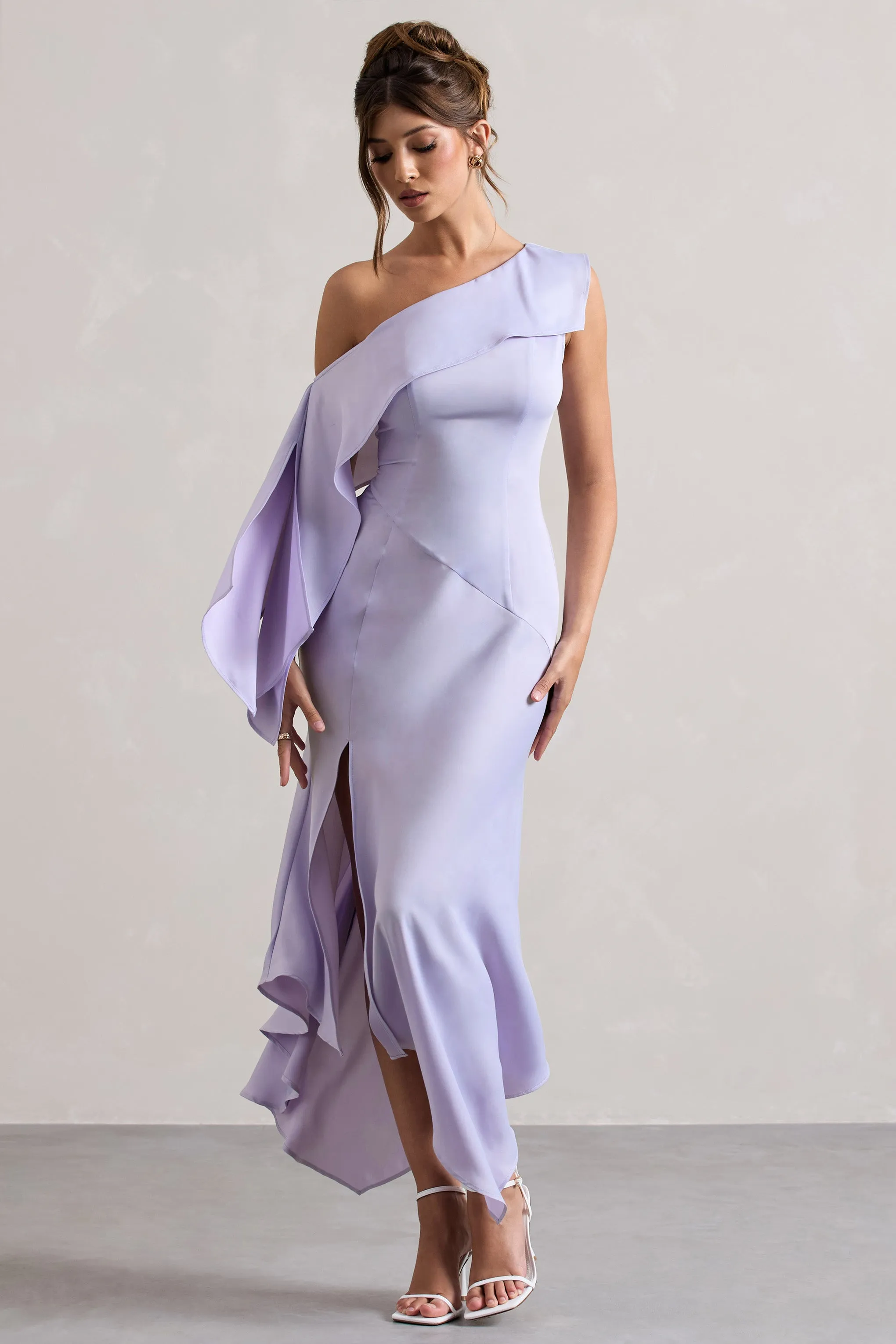 Freesia | Lilac Satin Asymmetric Draped Split Maxi Dress