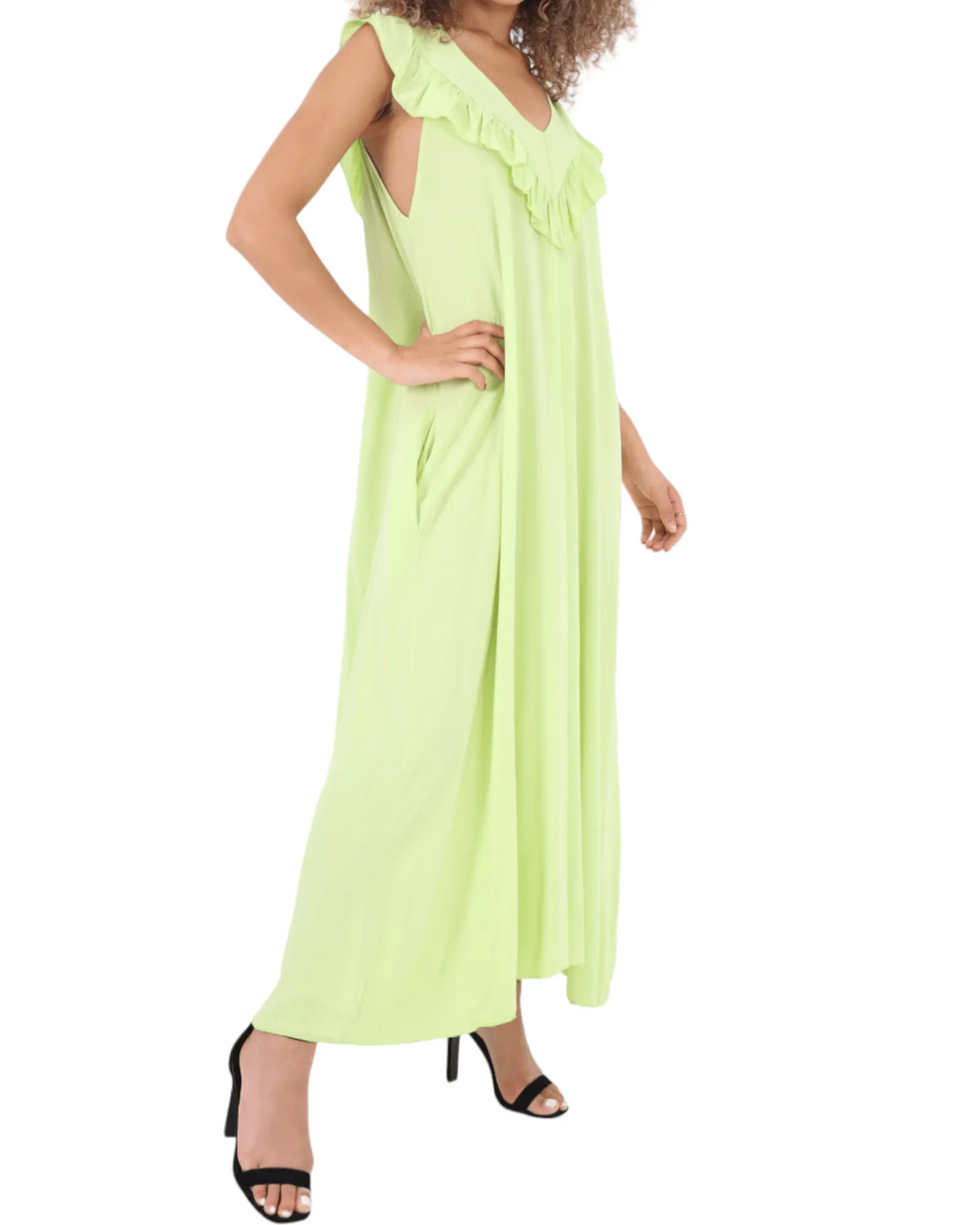 Frill V Neck Side Pockets Maxi Dress