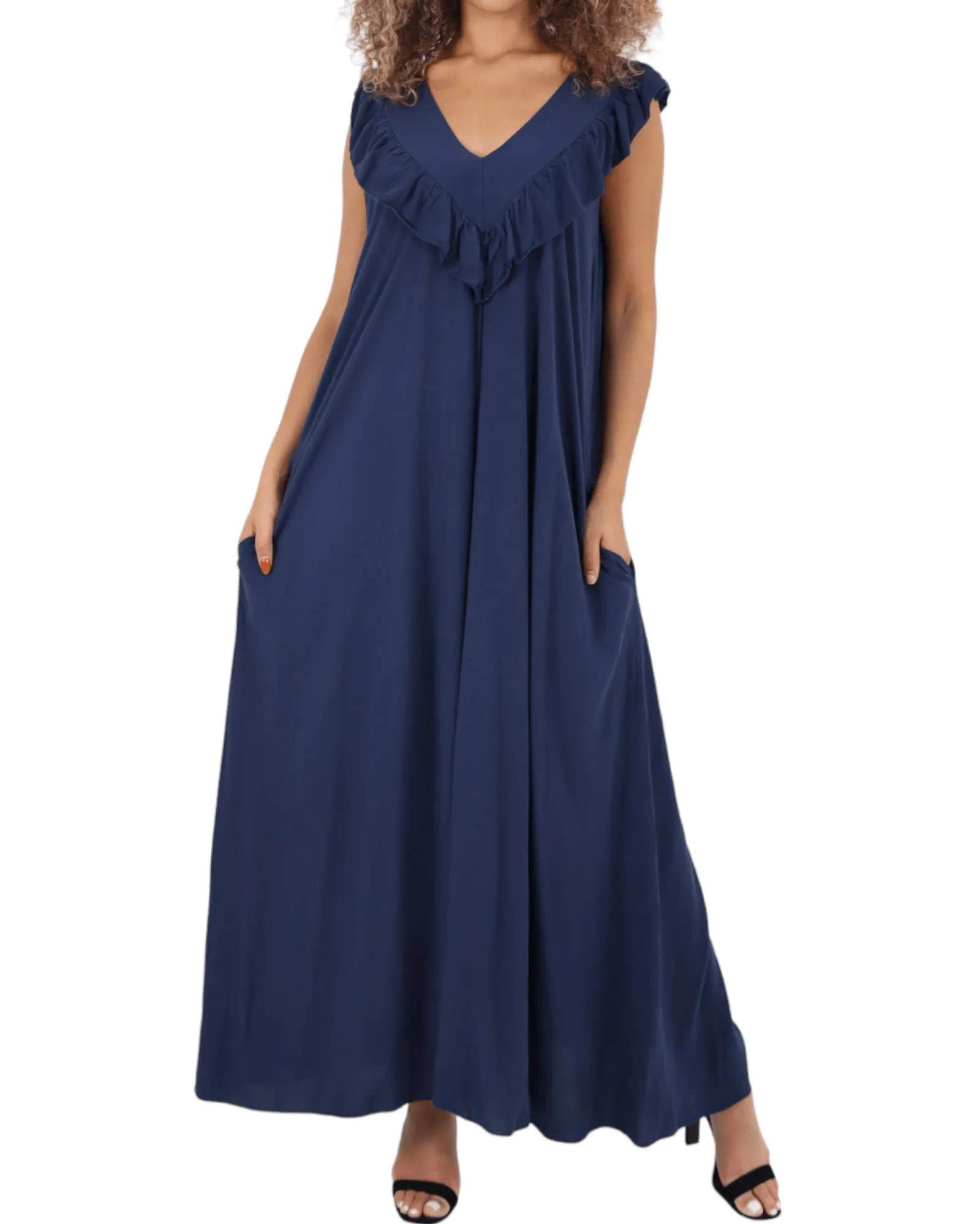 Frill V Neck Side Pockets Maxi Dress