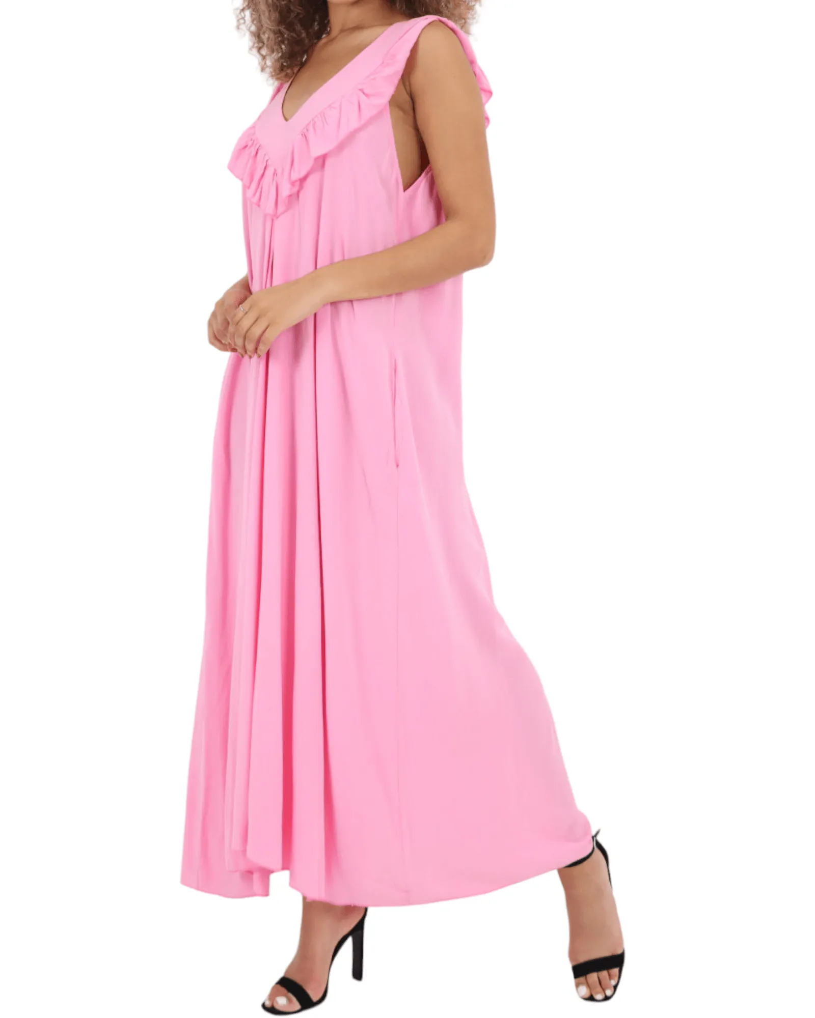 Frill V Neck Side Pockets Maxi Dress