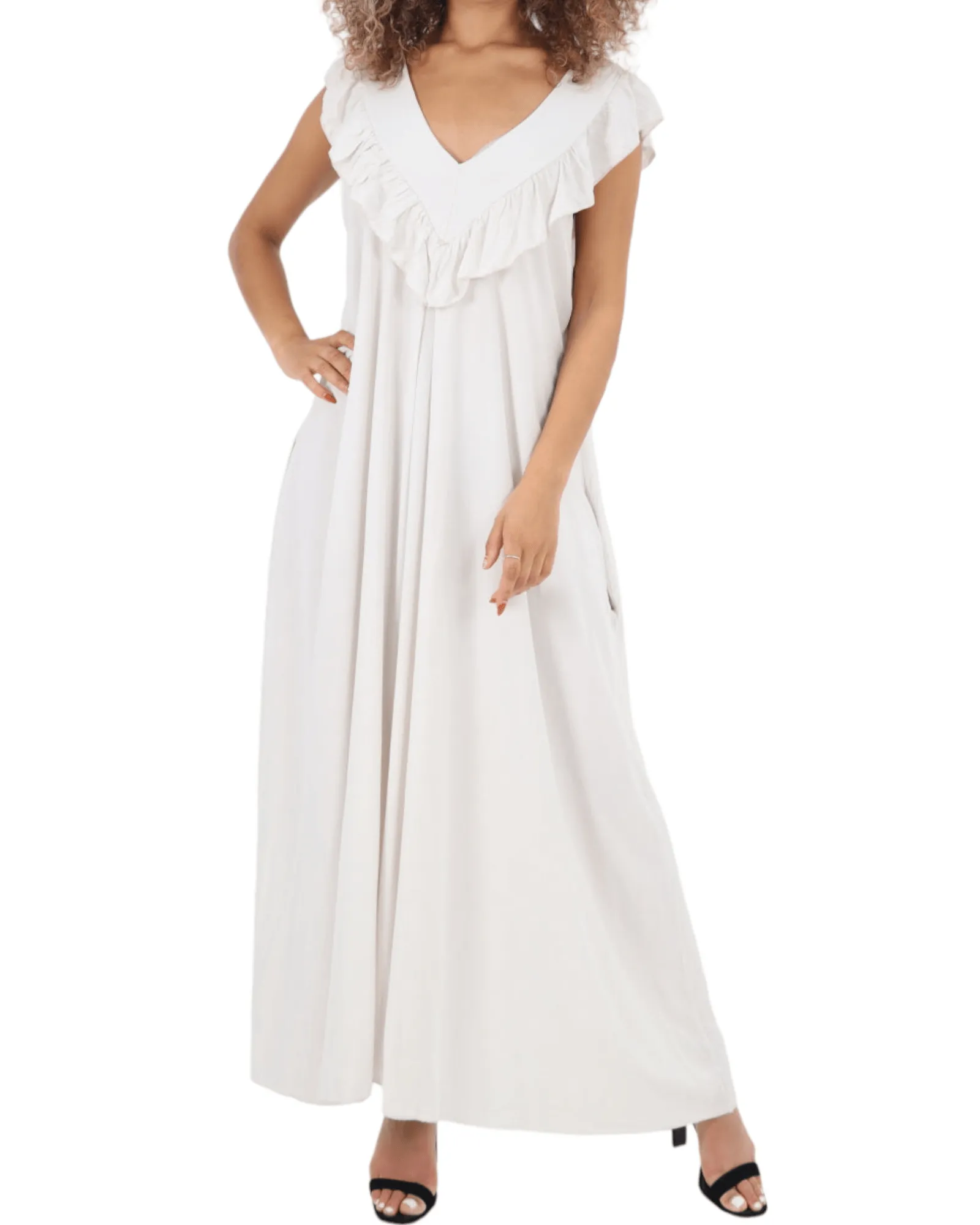 Frill V Neck Side Pockets Maxi Dress