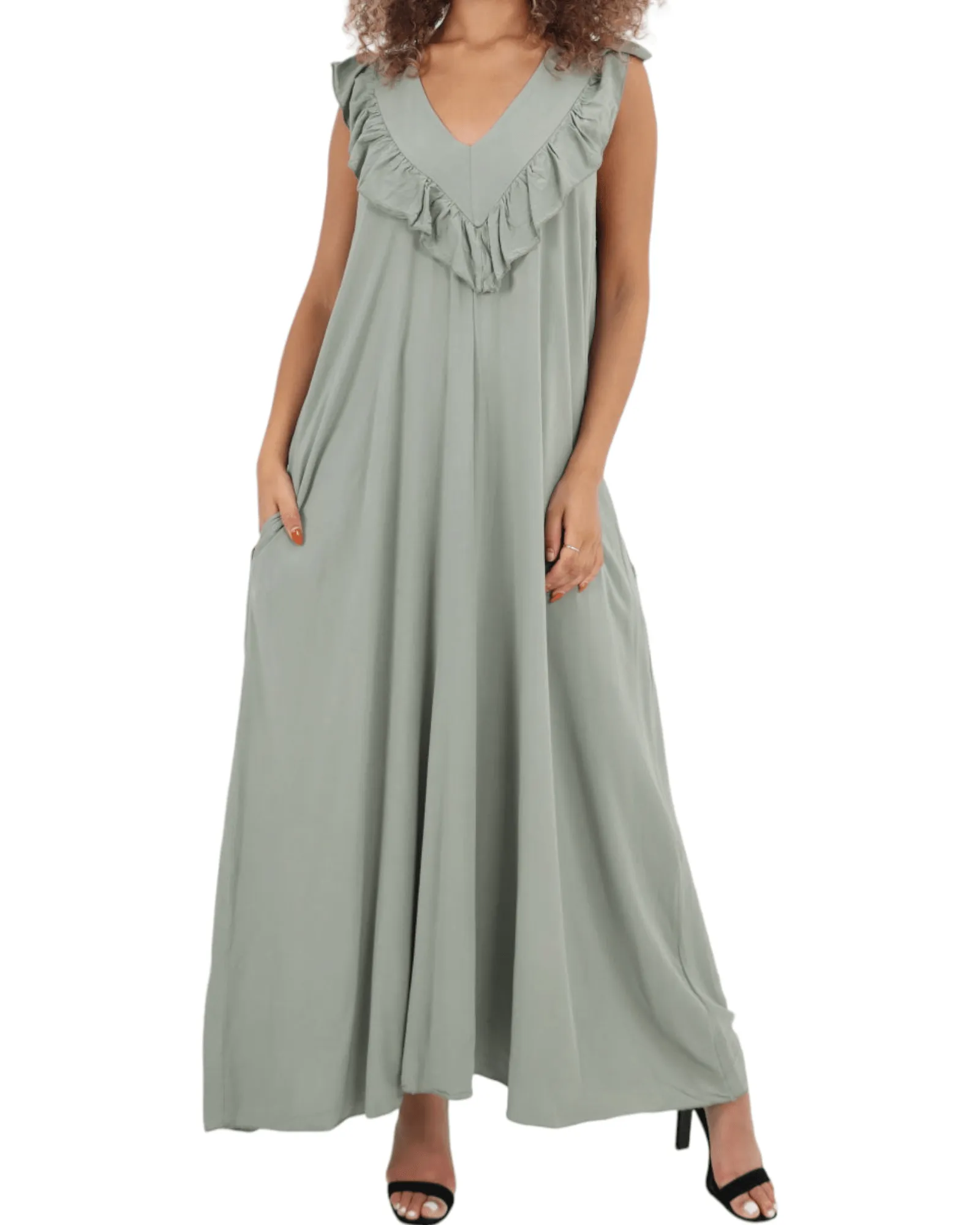 Frill V Neck Side Pockets Maxi Dress