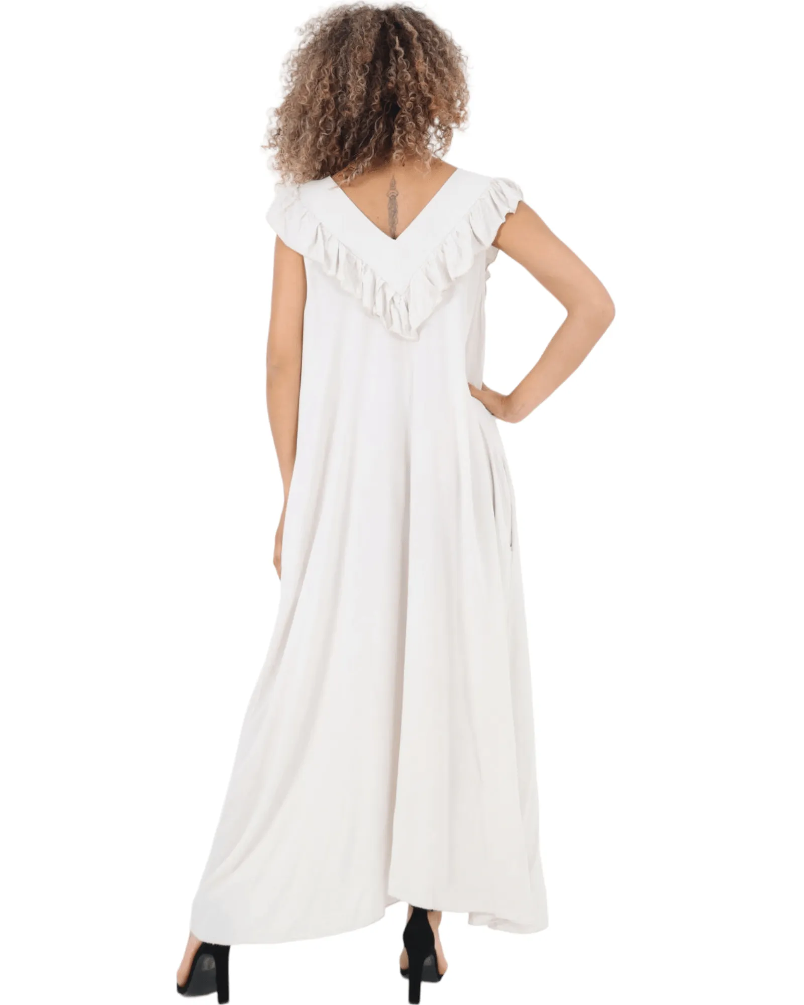 Frill V Neck Side Pockets Maxi Dress