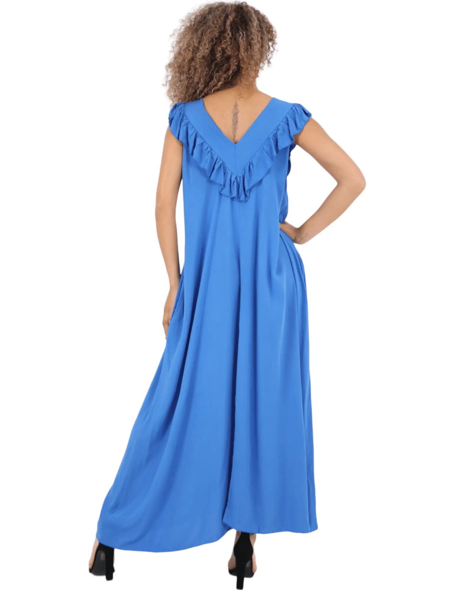 Frill V Neck Side Pockets Maxi Dress