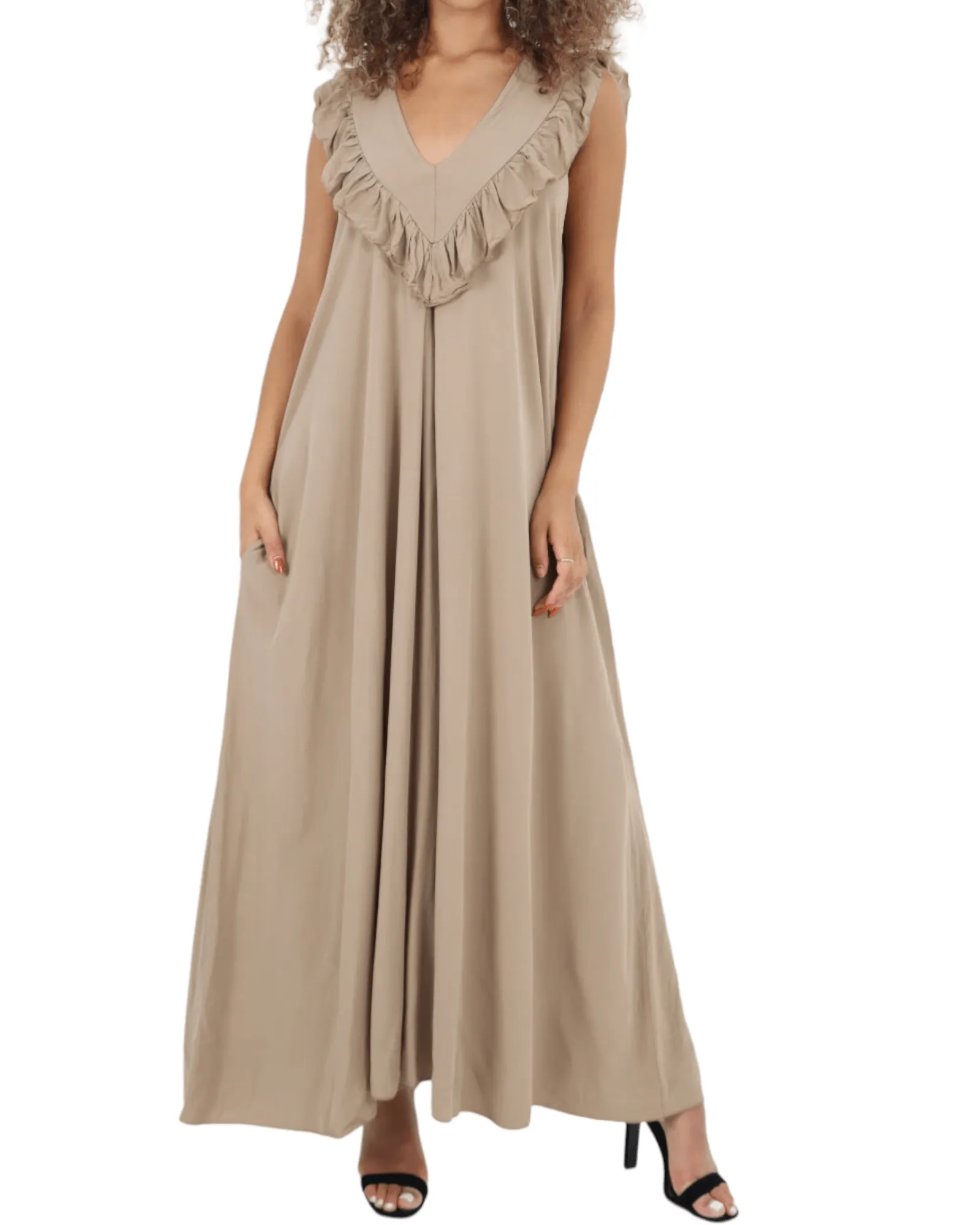 Frill V Neck Side Pockets Maxi Dress