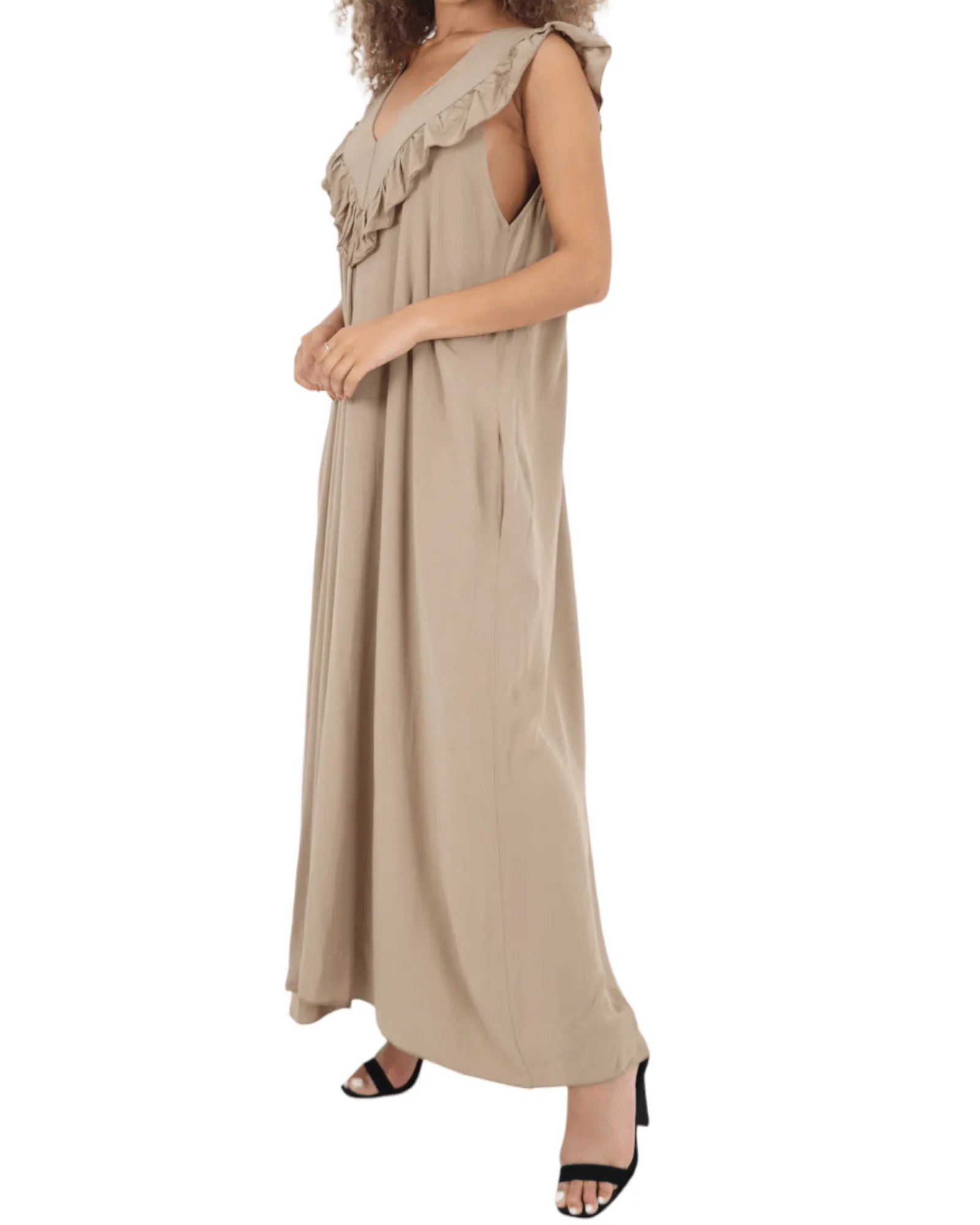 Frill V Neck Side Pockets Maxi Dress