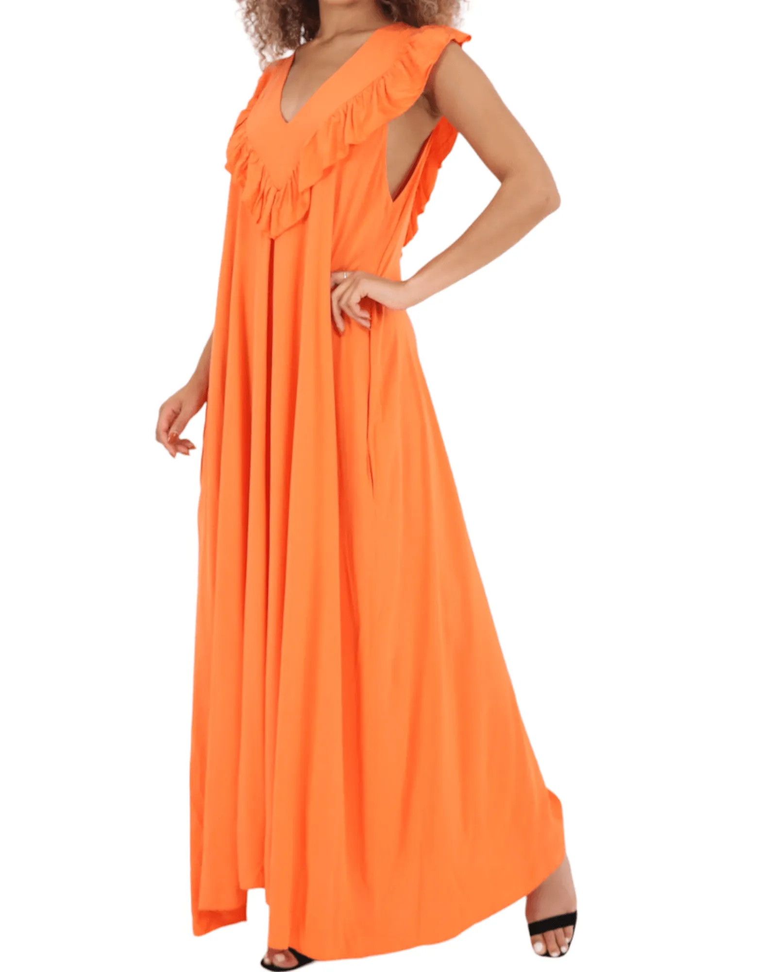 Frill V Neck Side Pockets Maxi Dress