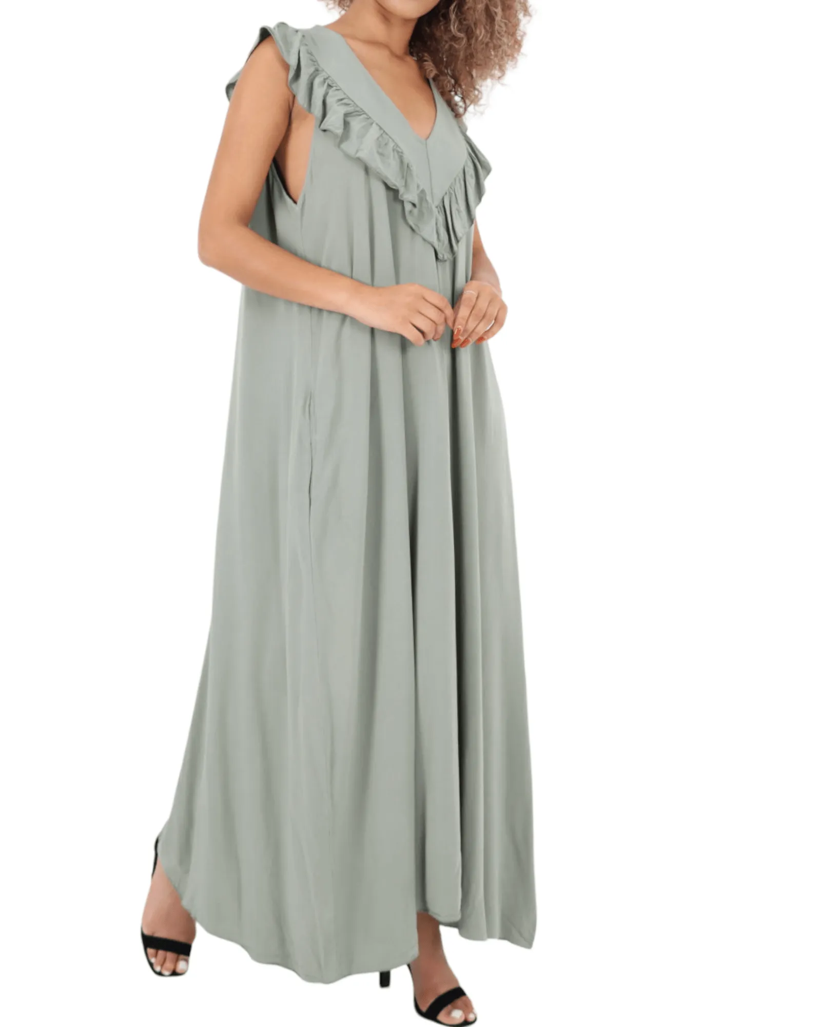 Frill V Neck Side Pockets Maxi Dress