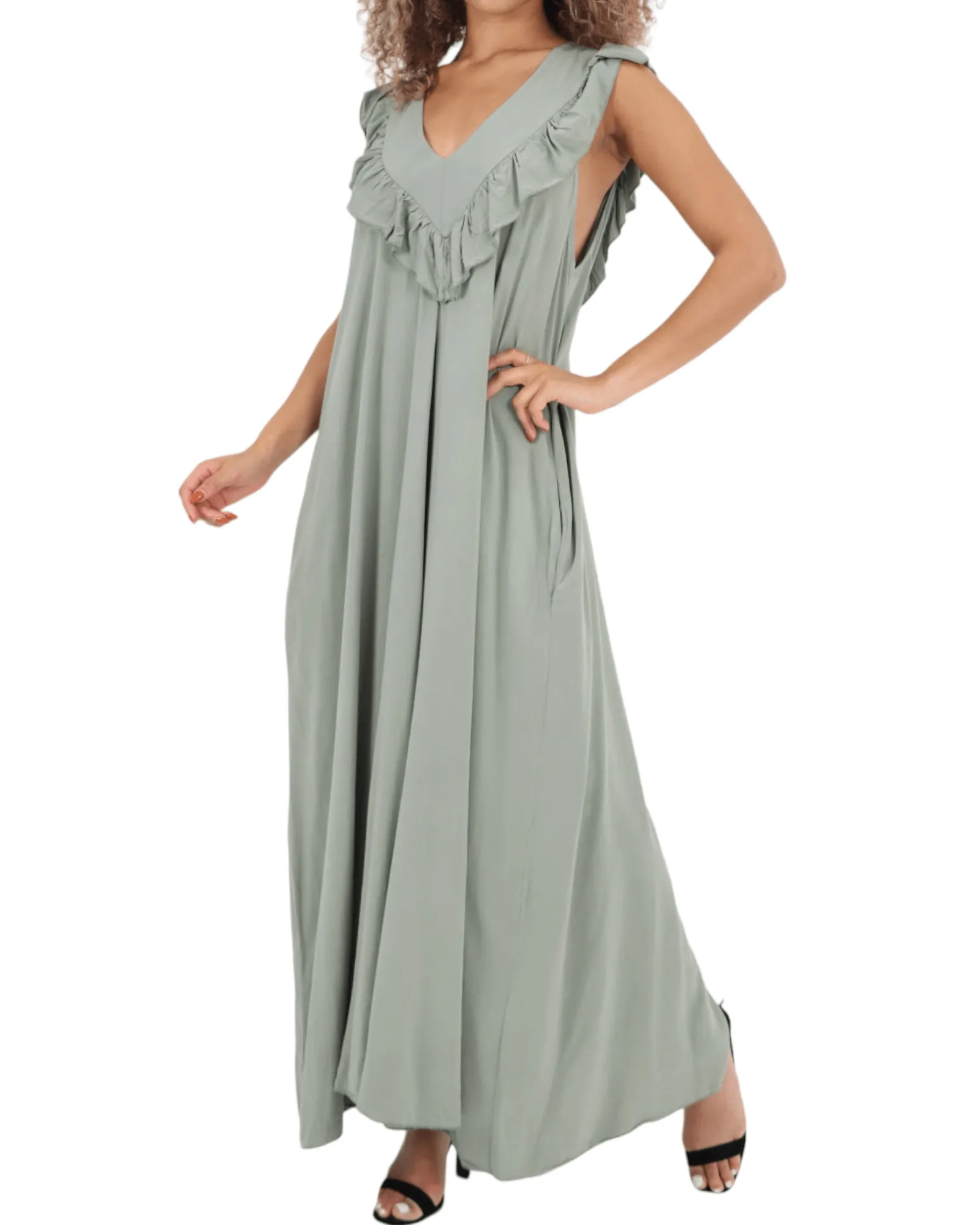 Frill V Neck Side Pockets Maxi Dress