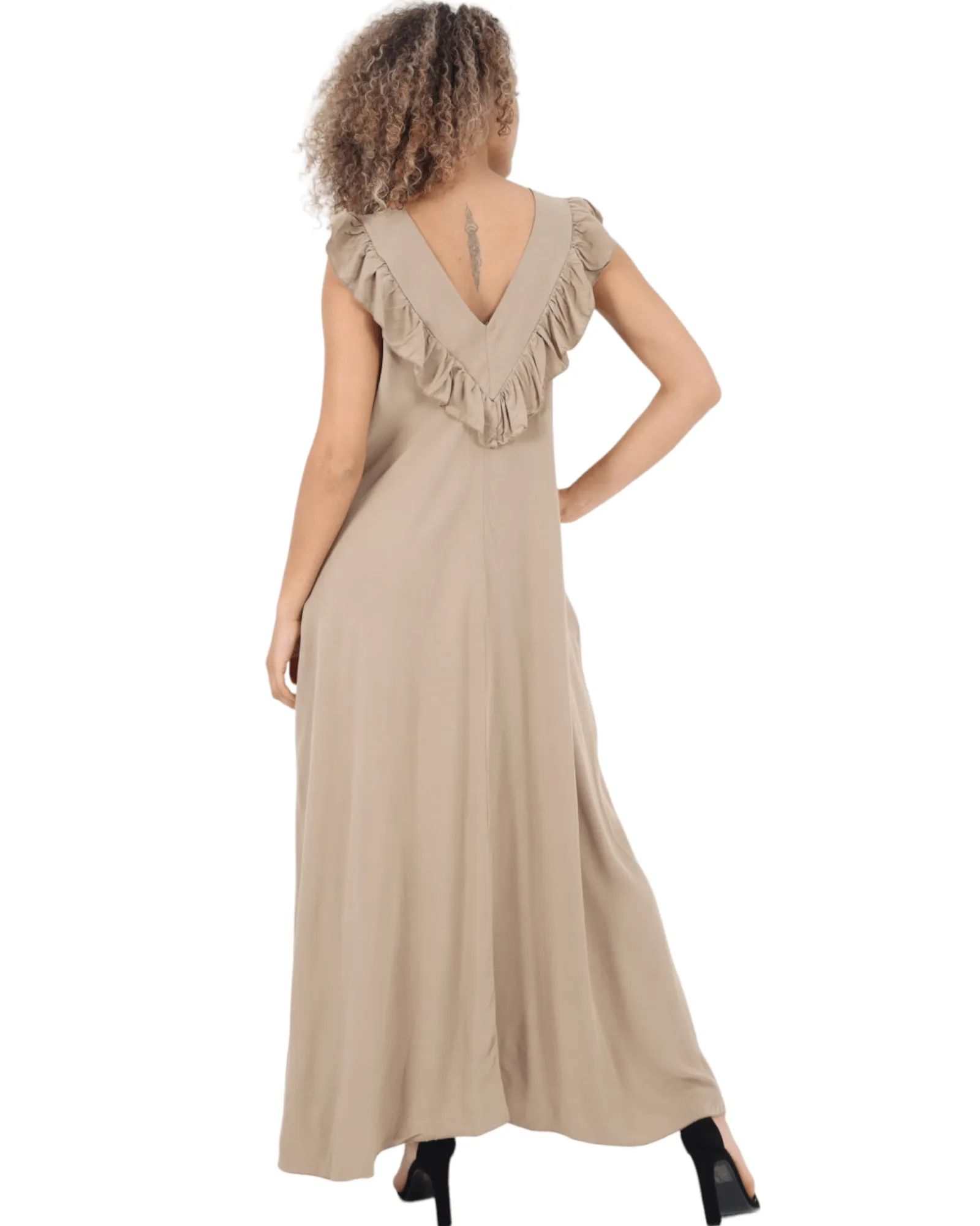 Frill V Neck Side Pockets Maxi Dress