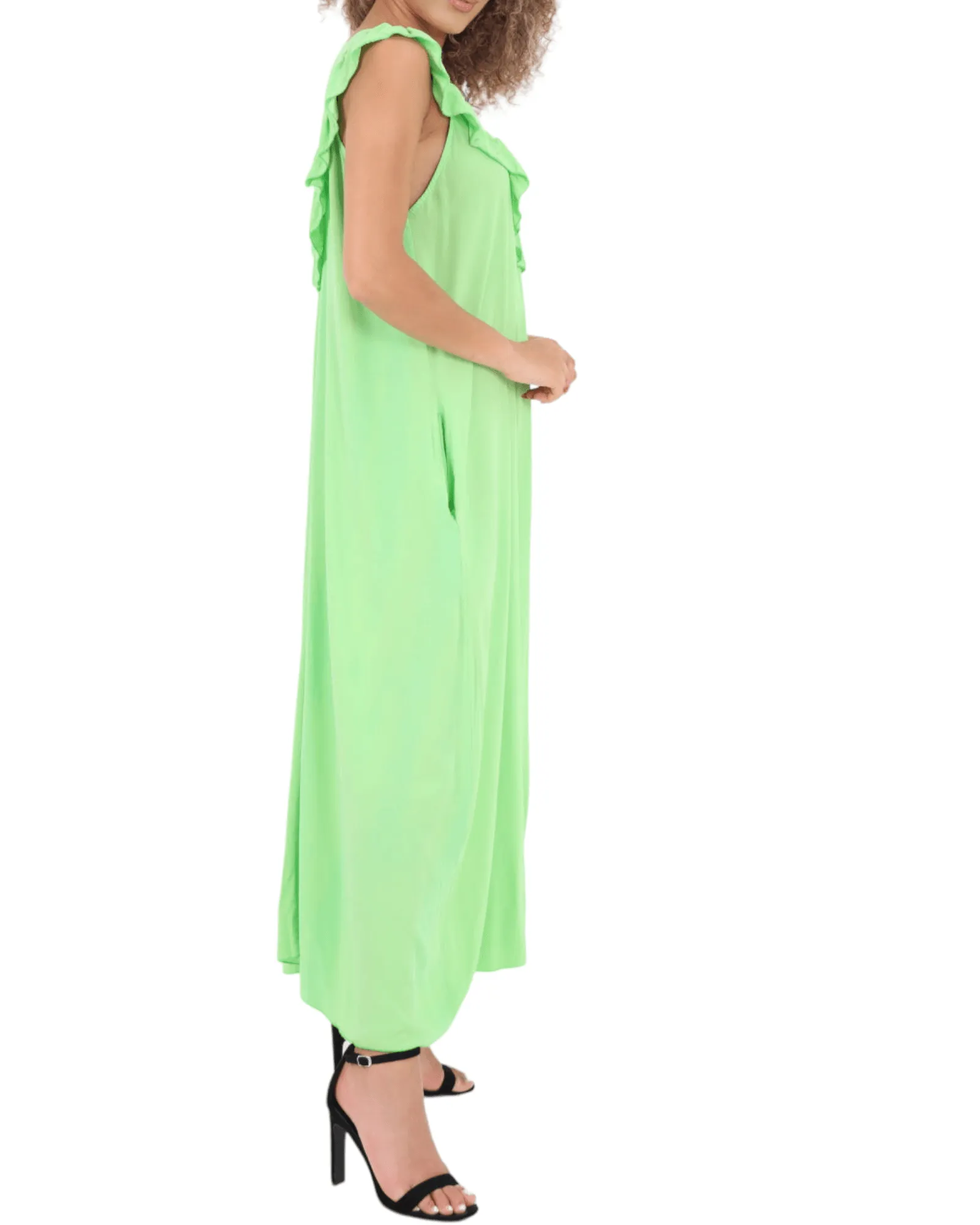 Frill V Neck Side Pockets Maxi Dress