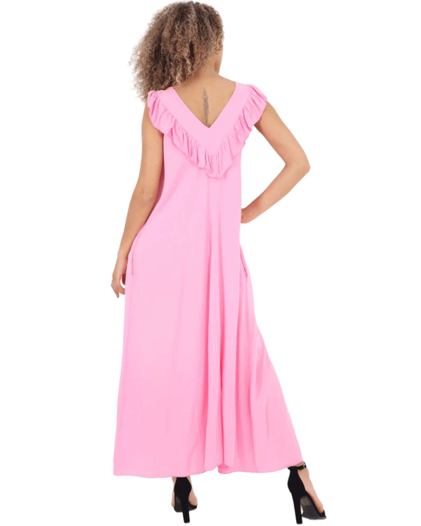 Frill V Neck Side Pockets Maxi Dress