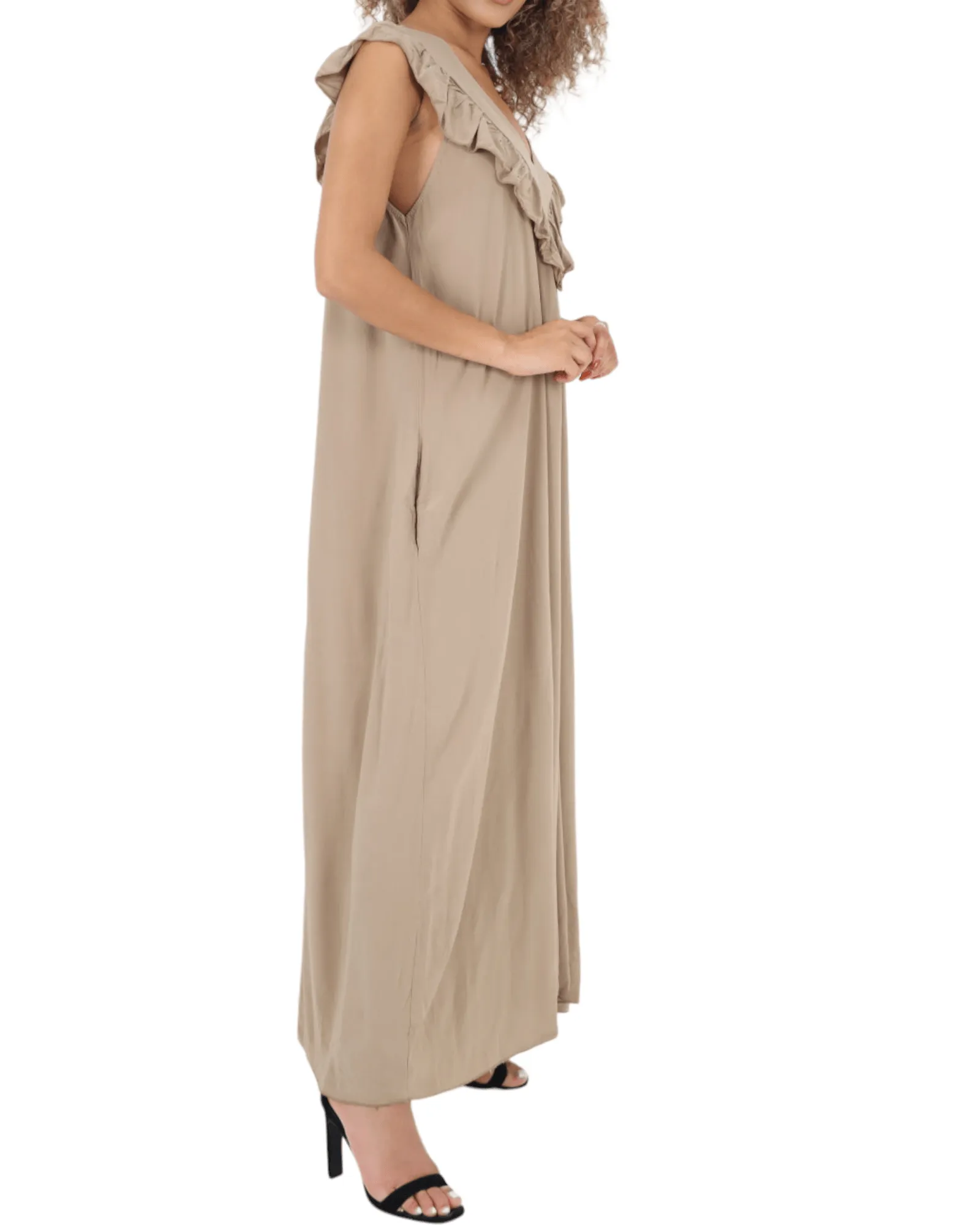 Frill V Neck Side Pockets Maxi Dress