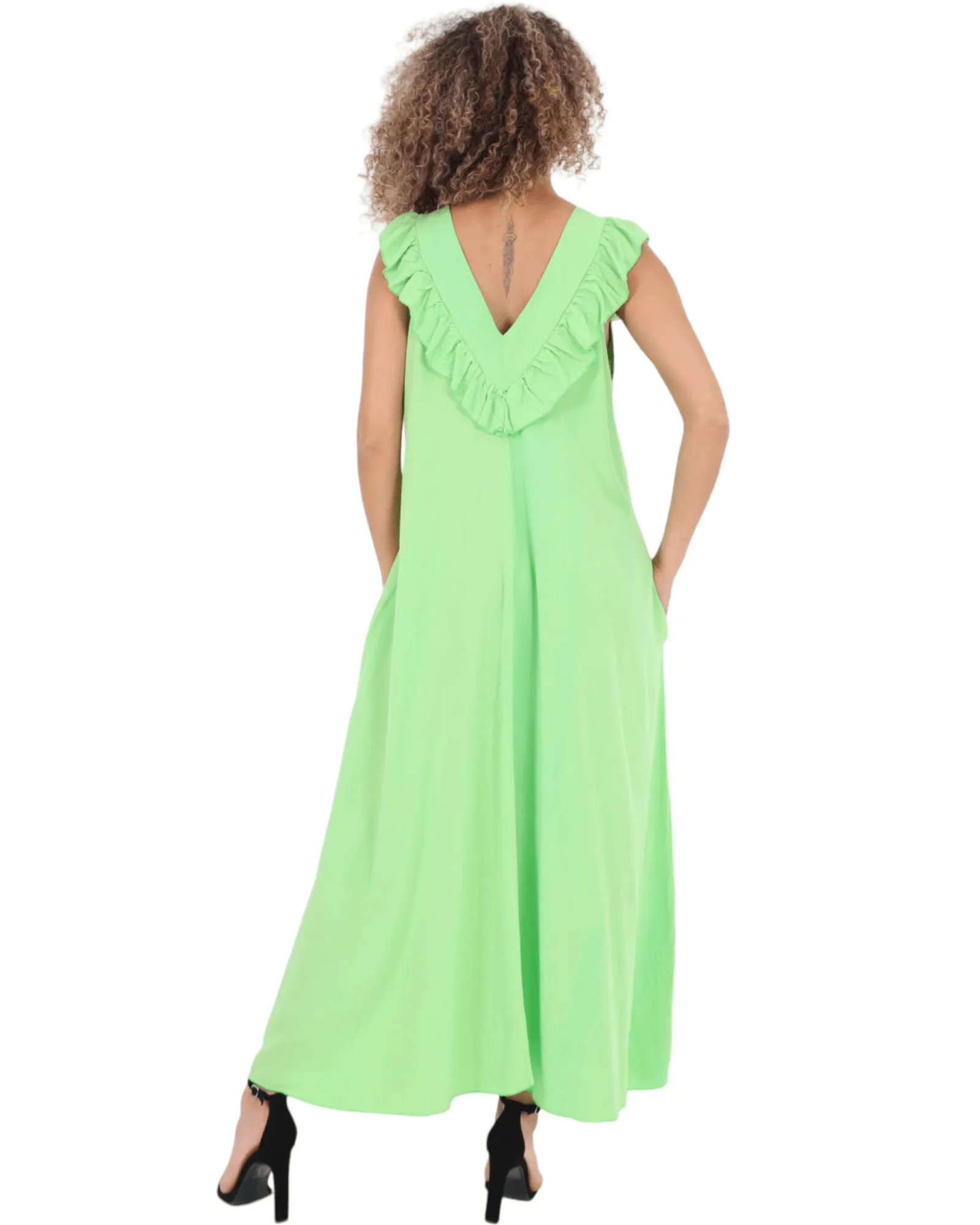 Frill V Neck Side Pockets Maxi Dress