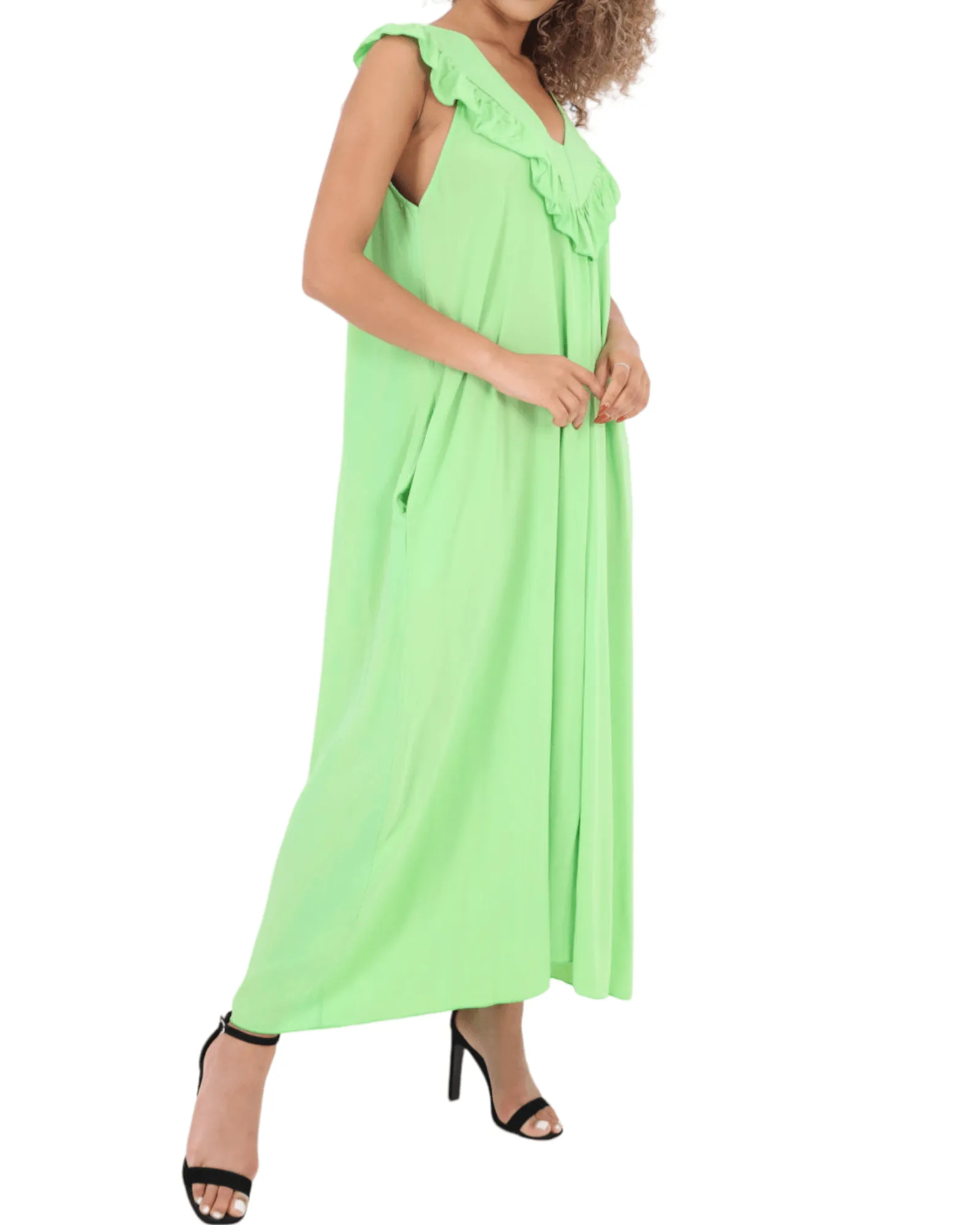 Frill V Neck Side Pockets Maxi Dress