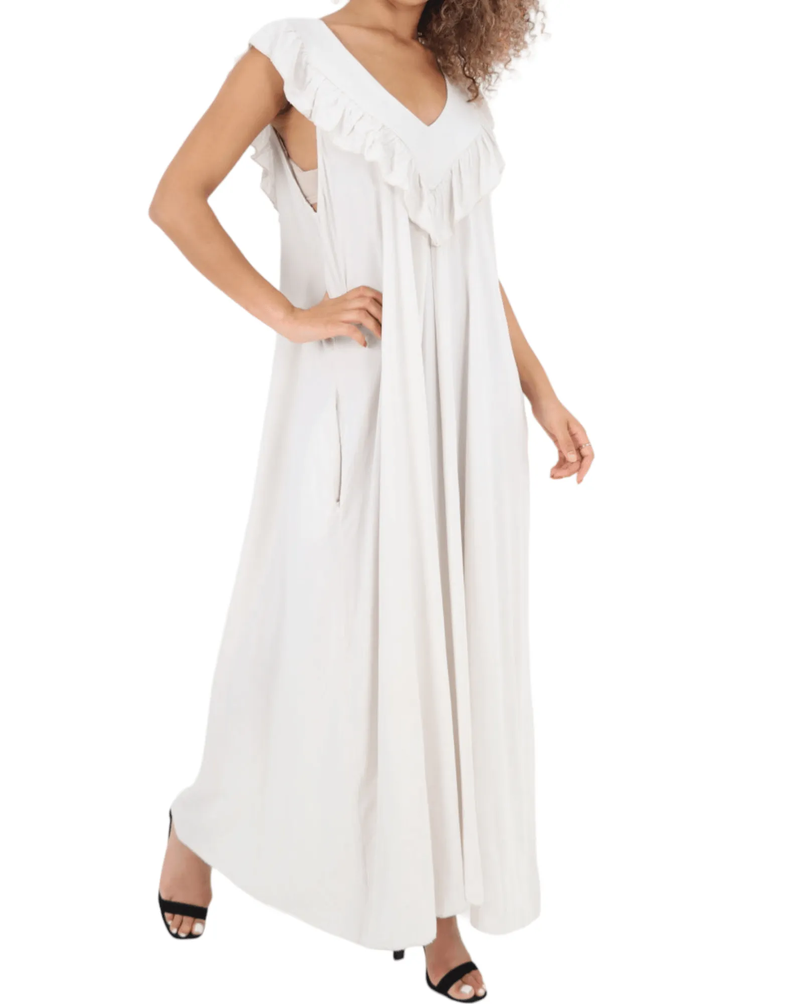 Frill V Neck Side Pockets Maxi Dress