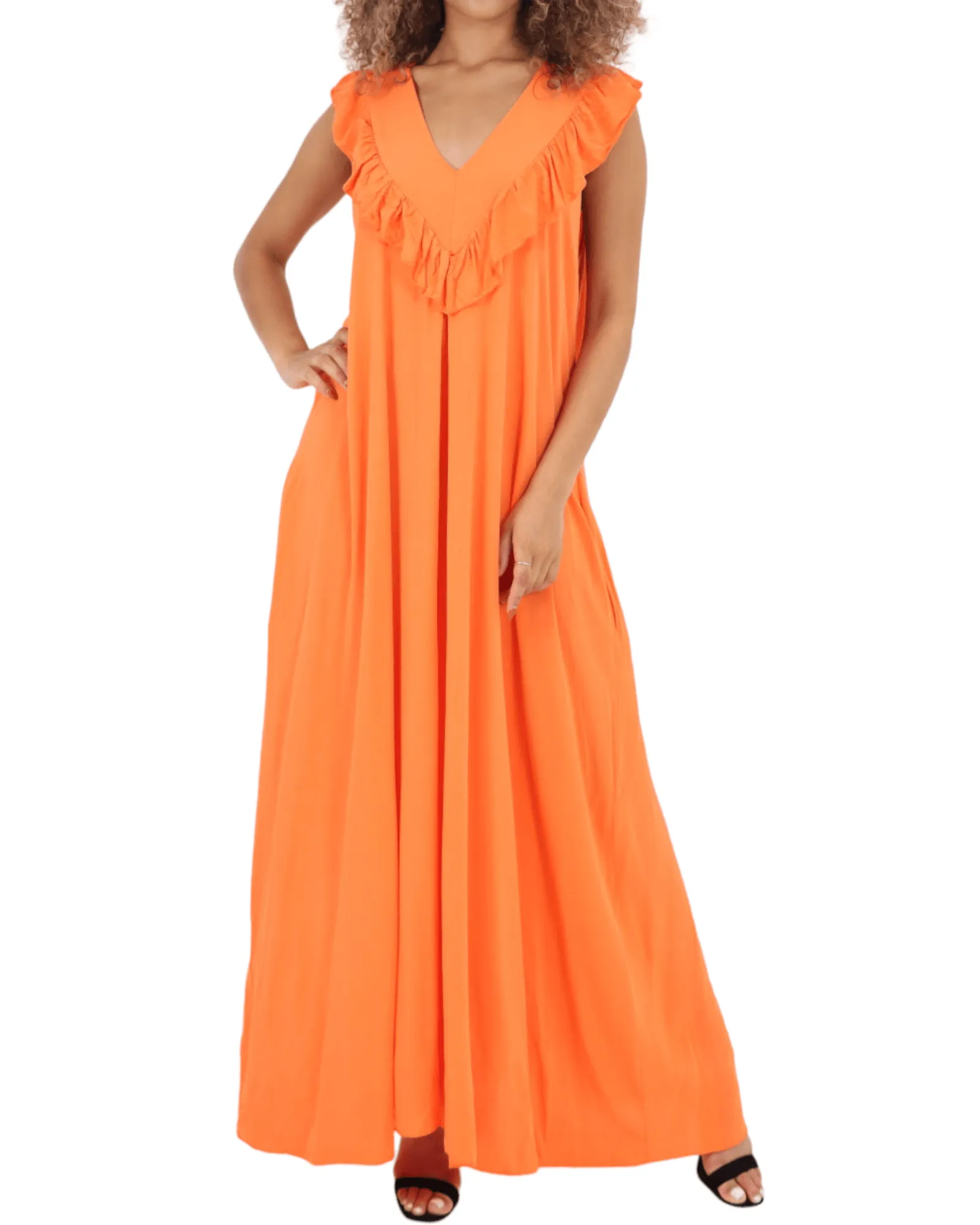 Frill V Neck Side Pockets Maxi Dress