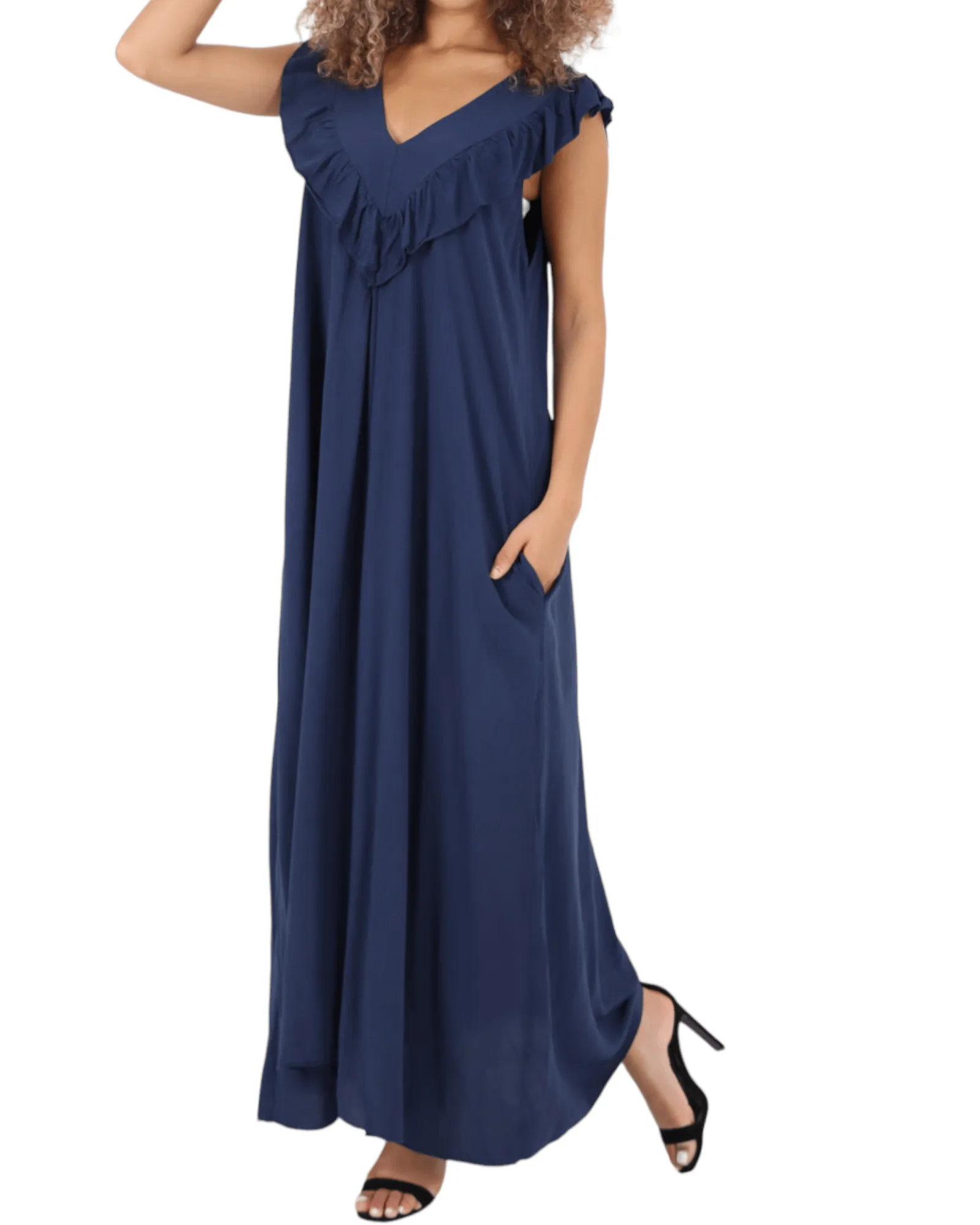 Frill V Neck Side Pockets Maxi Dress