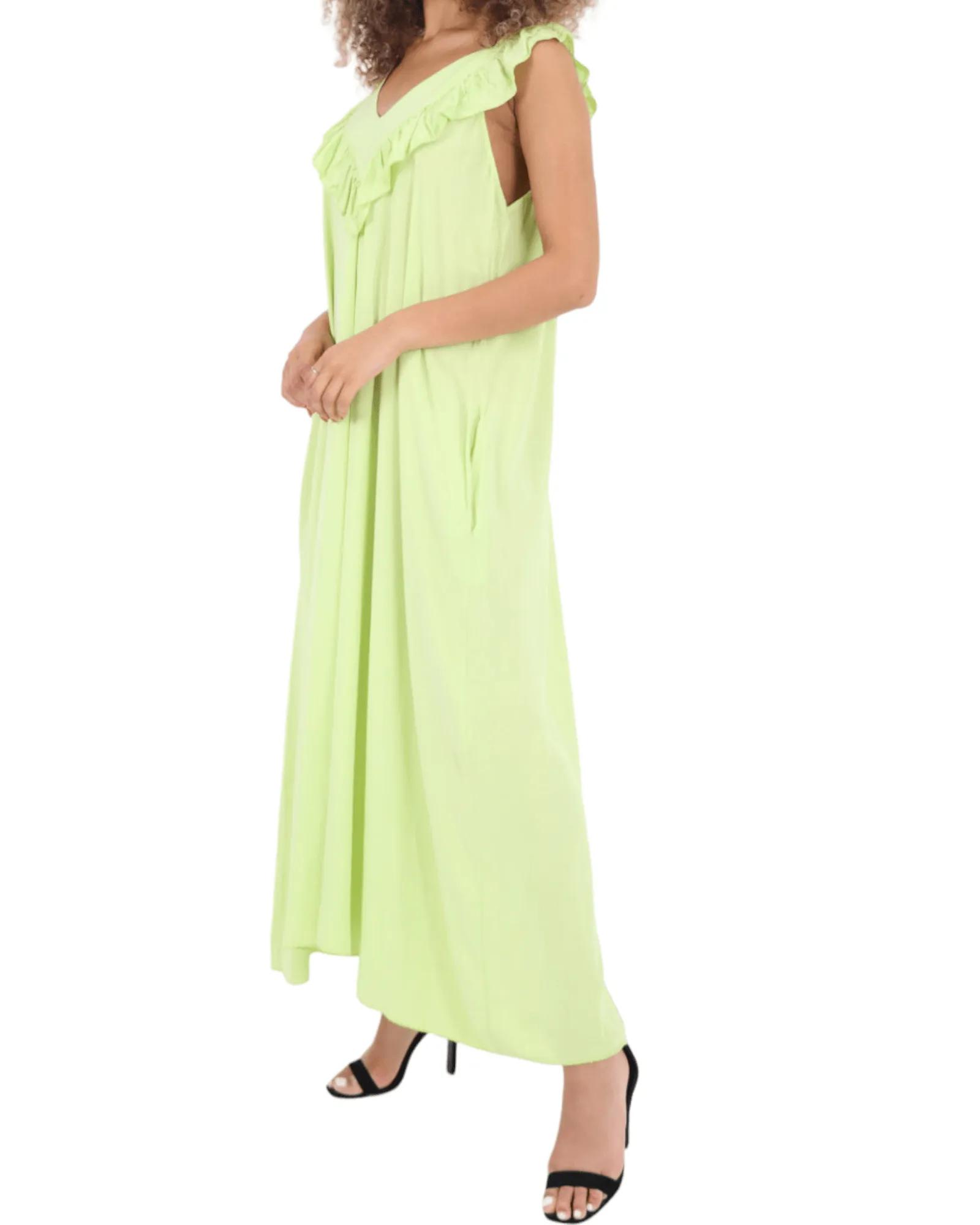 Frill V Neck Side Pockets Maxi Dress