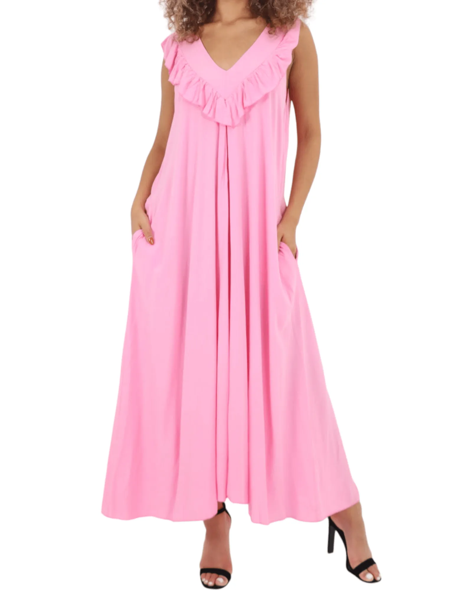 Frill V Neck Side Pockets Maxi Dress