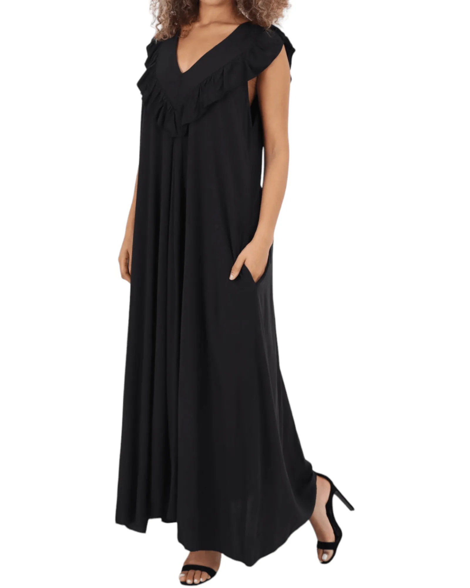 Frill V Neck Side Pockets Maxi Dress