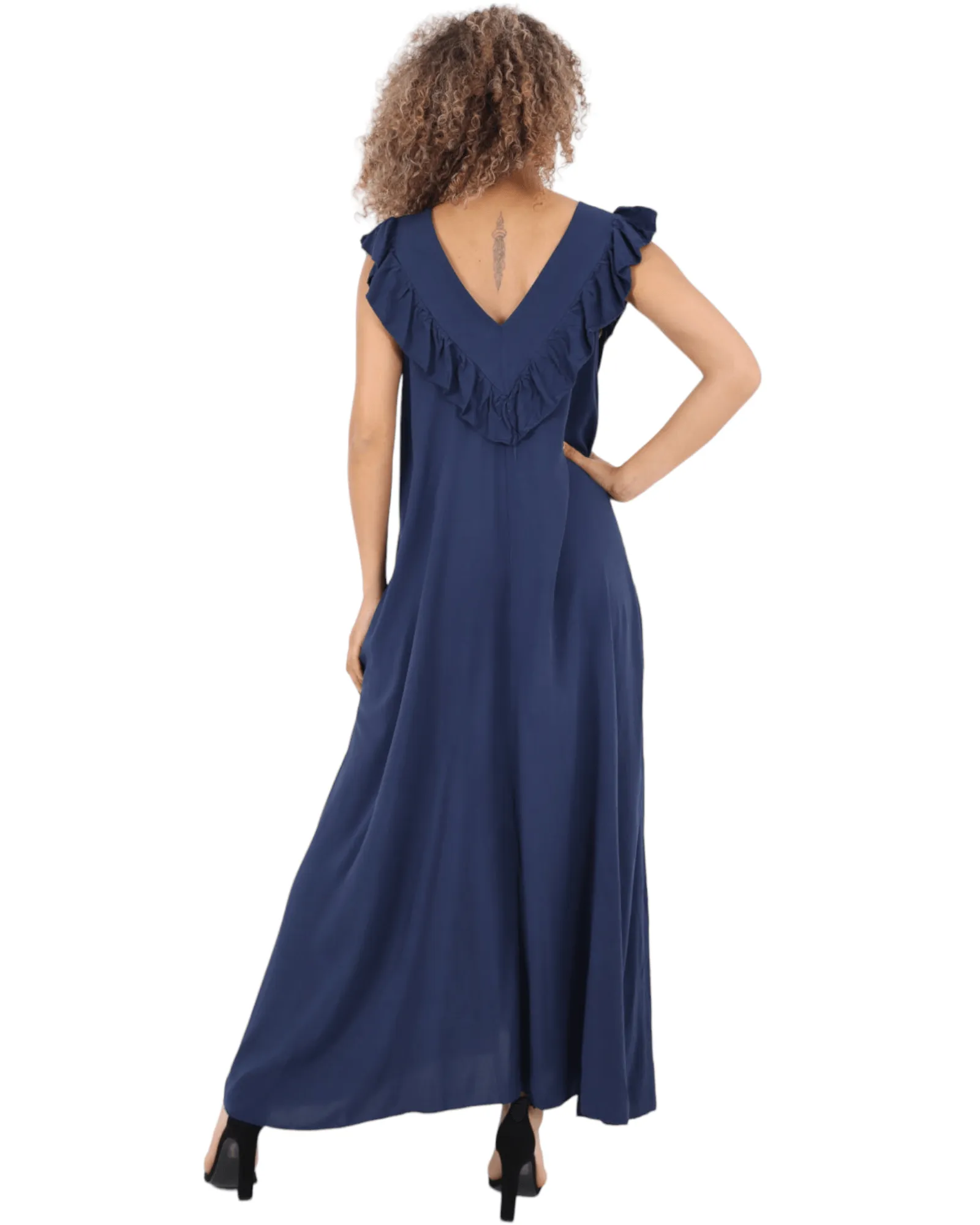 Frill V Neck Side Pockets Maxi Dress