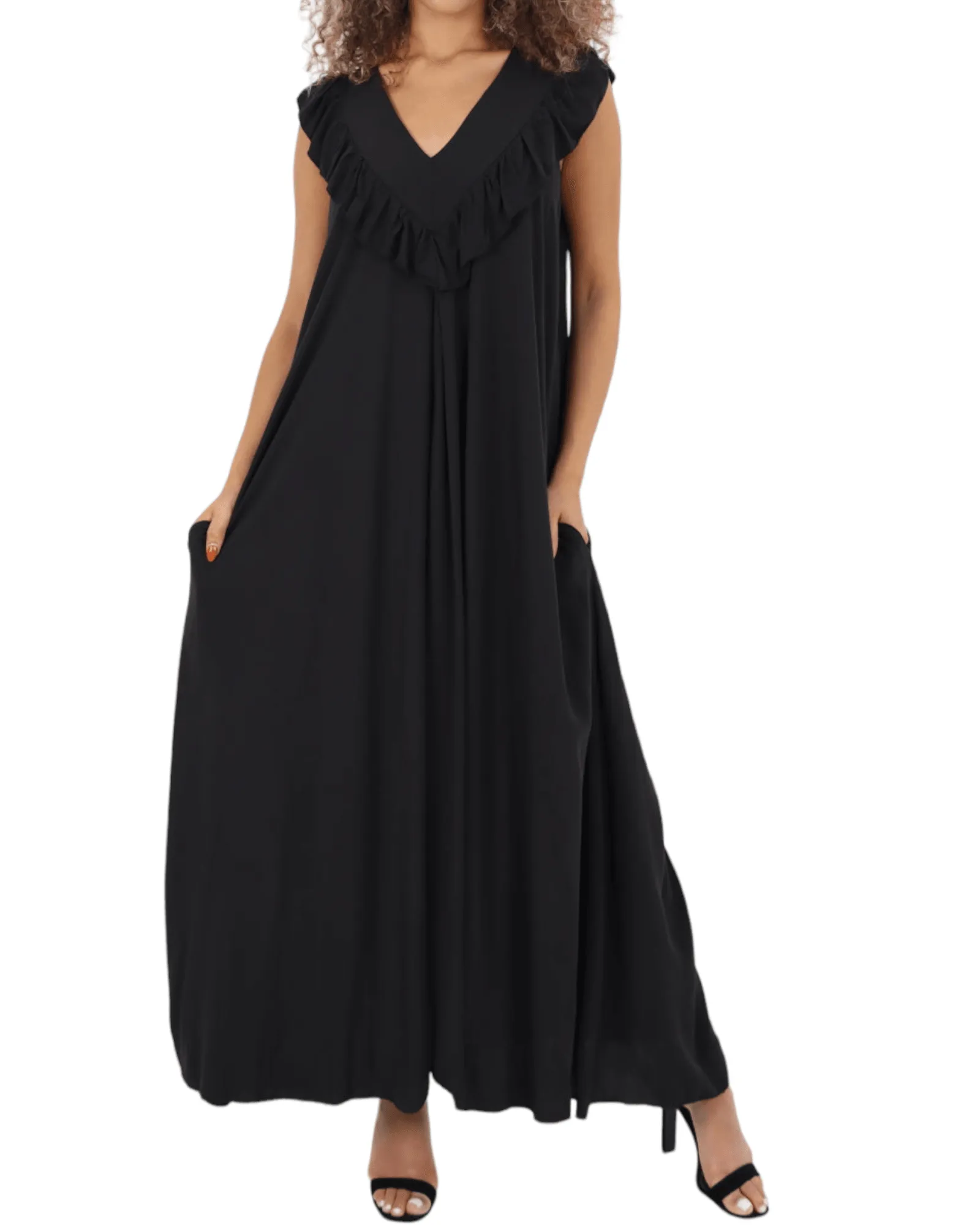 Frill V Neck Side Pockets Maxi Dress