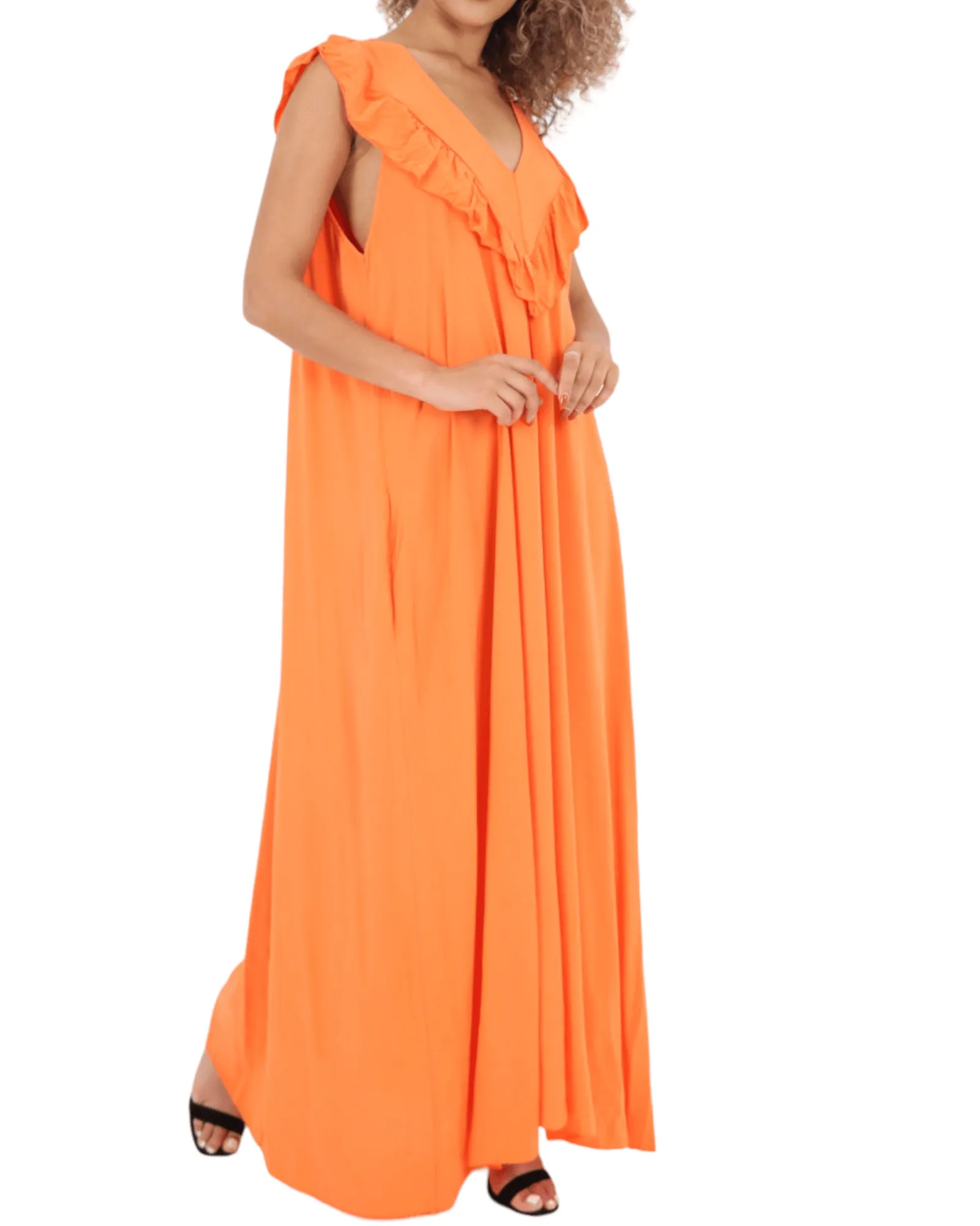 Frill V Neck Side Pockets Maxi Dress