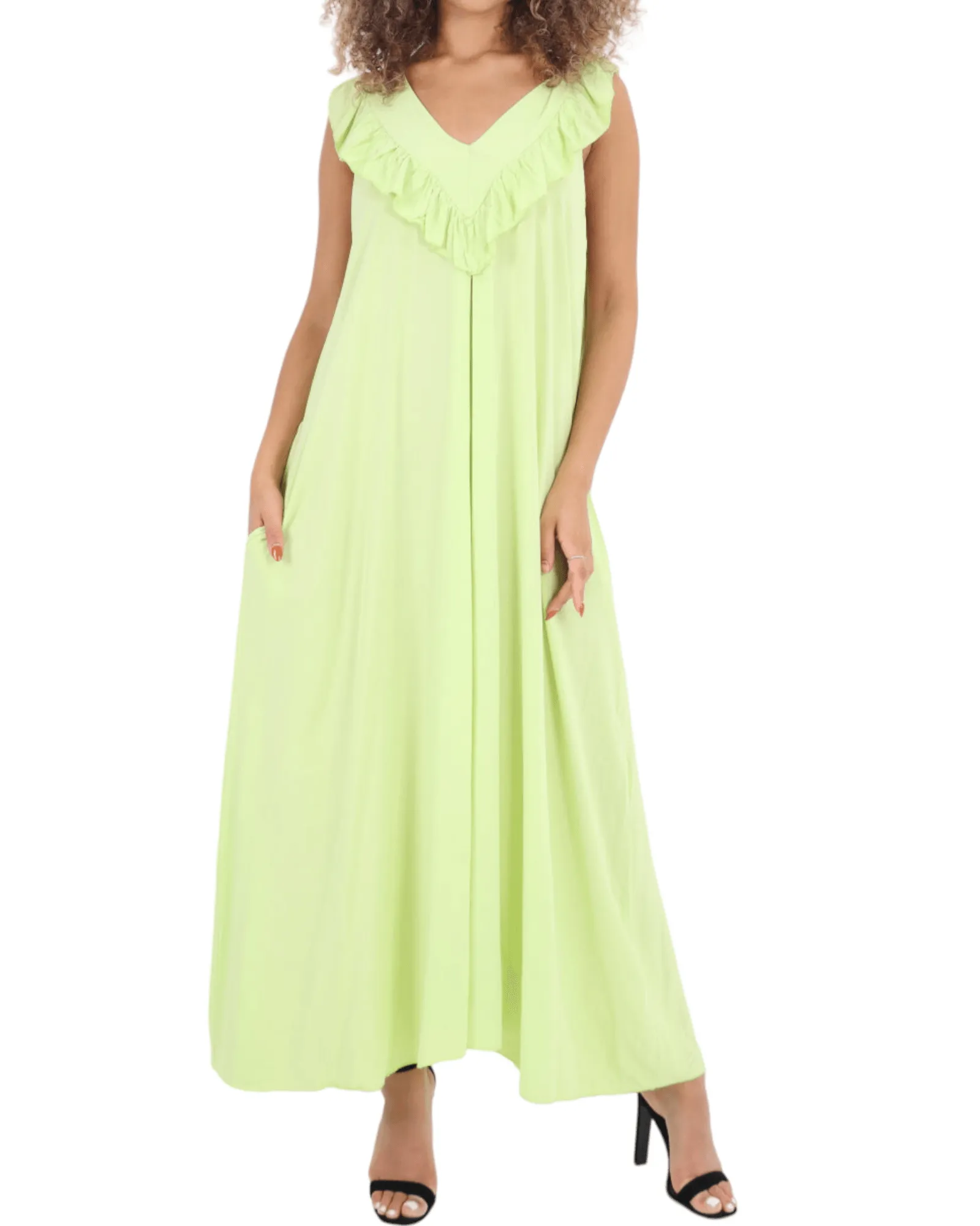 Frill V Neck Side Pockets Maxi Dress