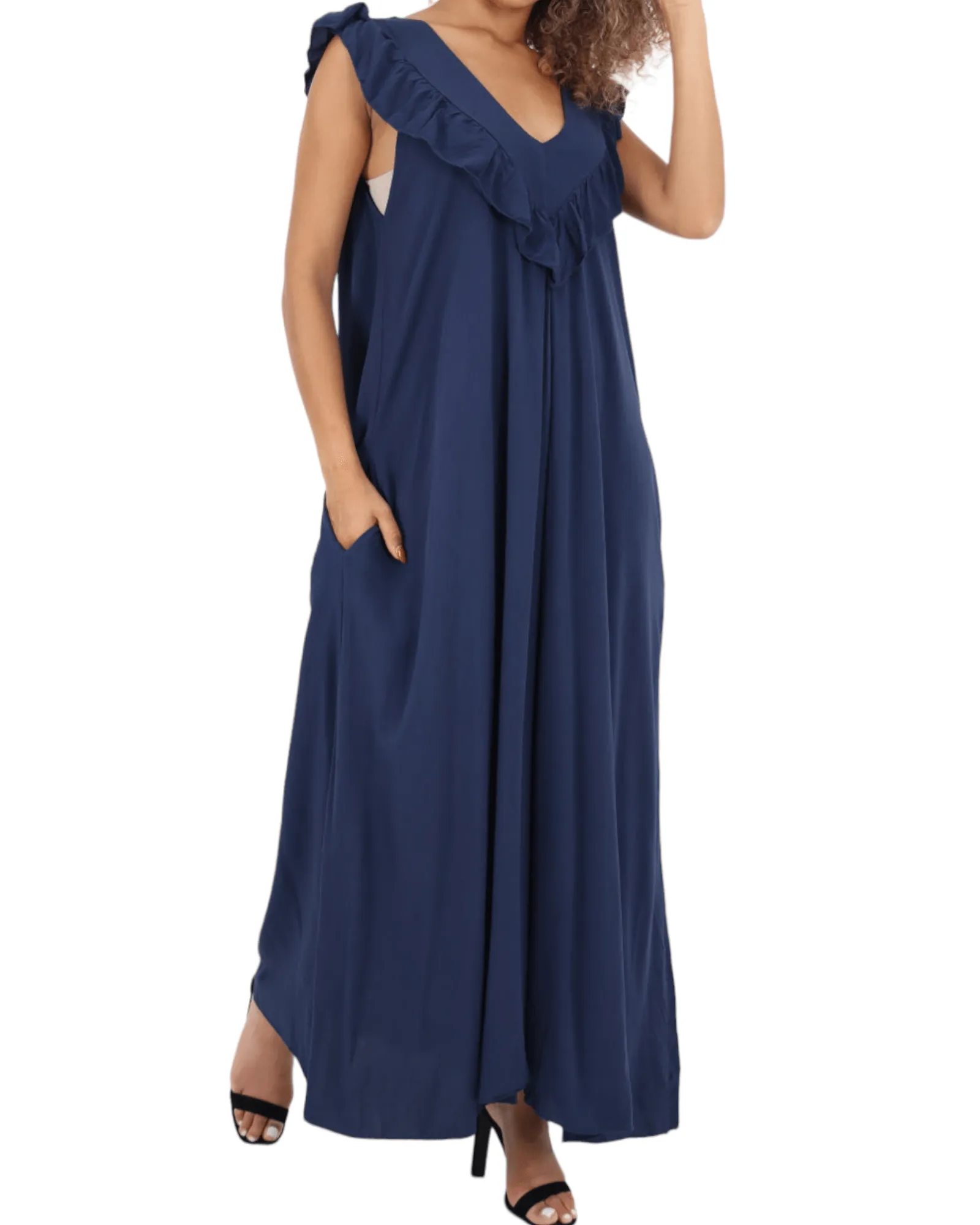 Frill V Neck Side Pockets Maxi Dress