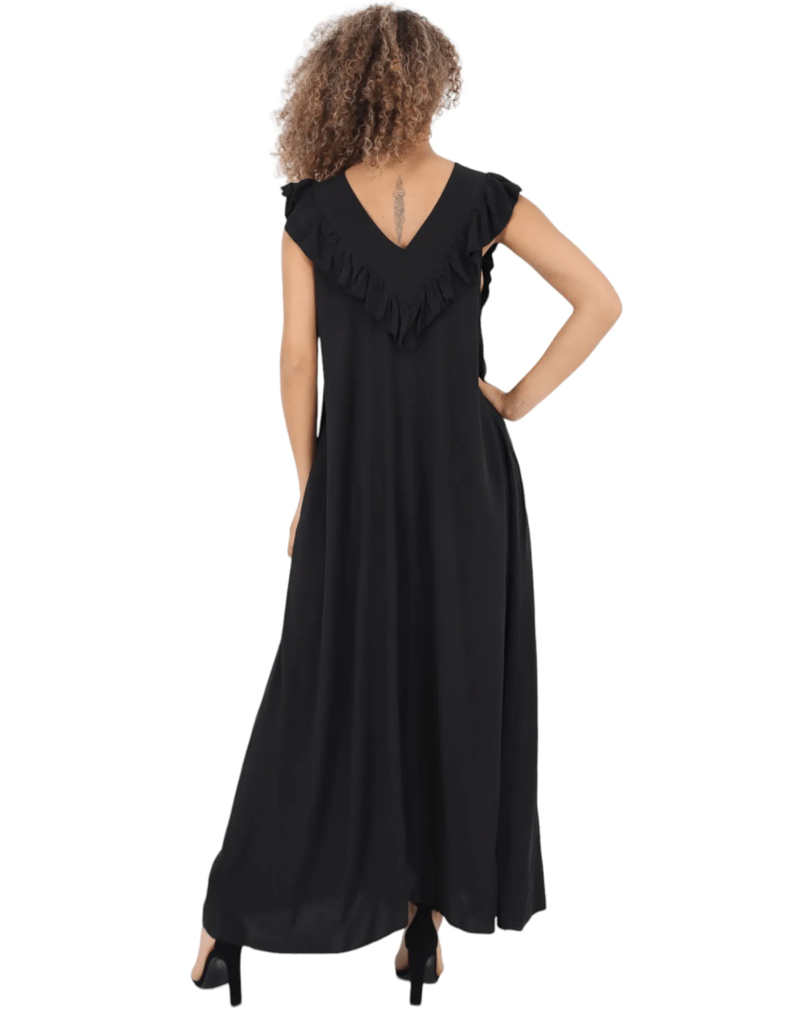 Frill V Neck Side Pockets Maxi Dress