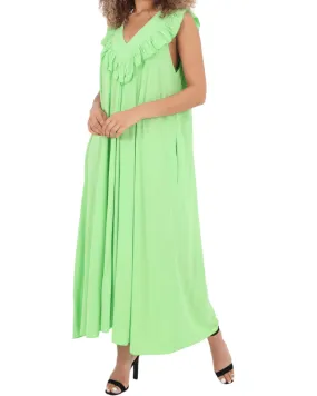 Frill V Neck Side Pockets Maxi Dress