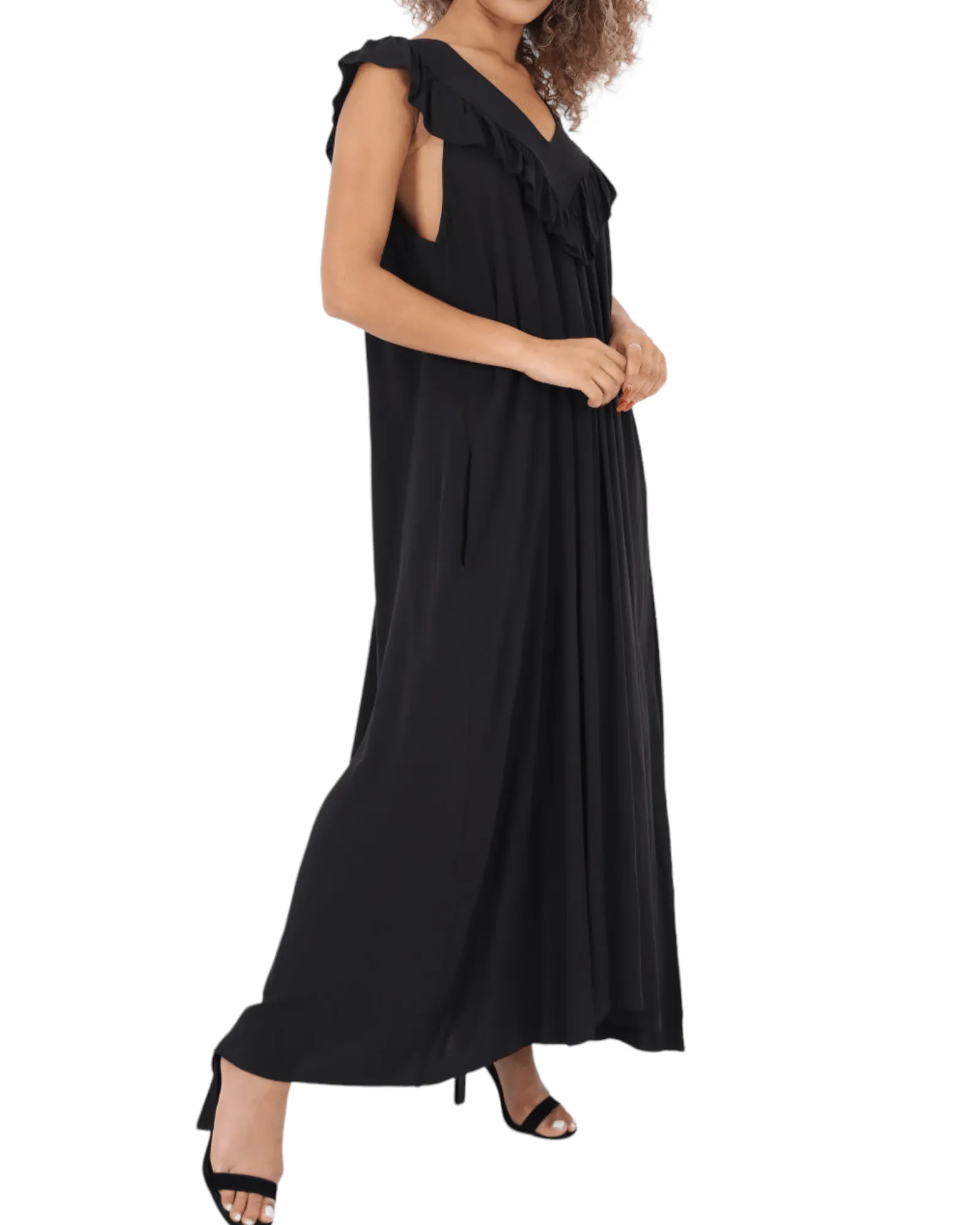 Frill V Neck Side Pockets Maxi Dress