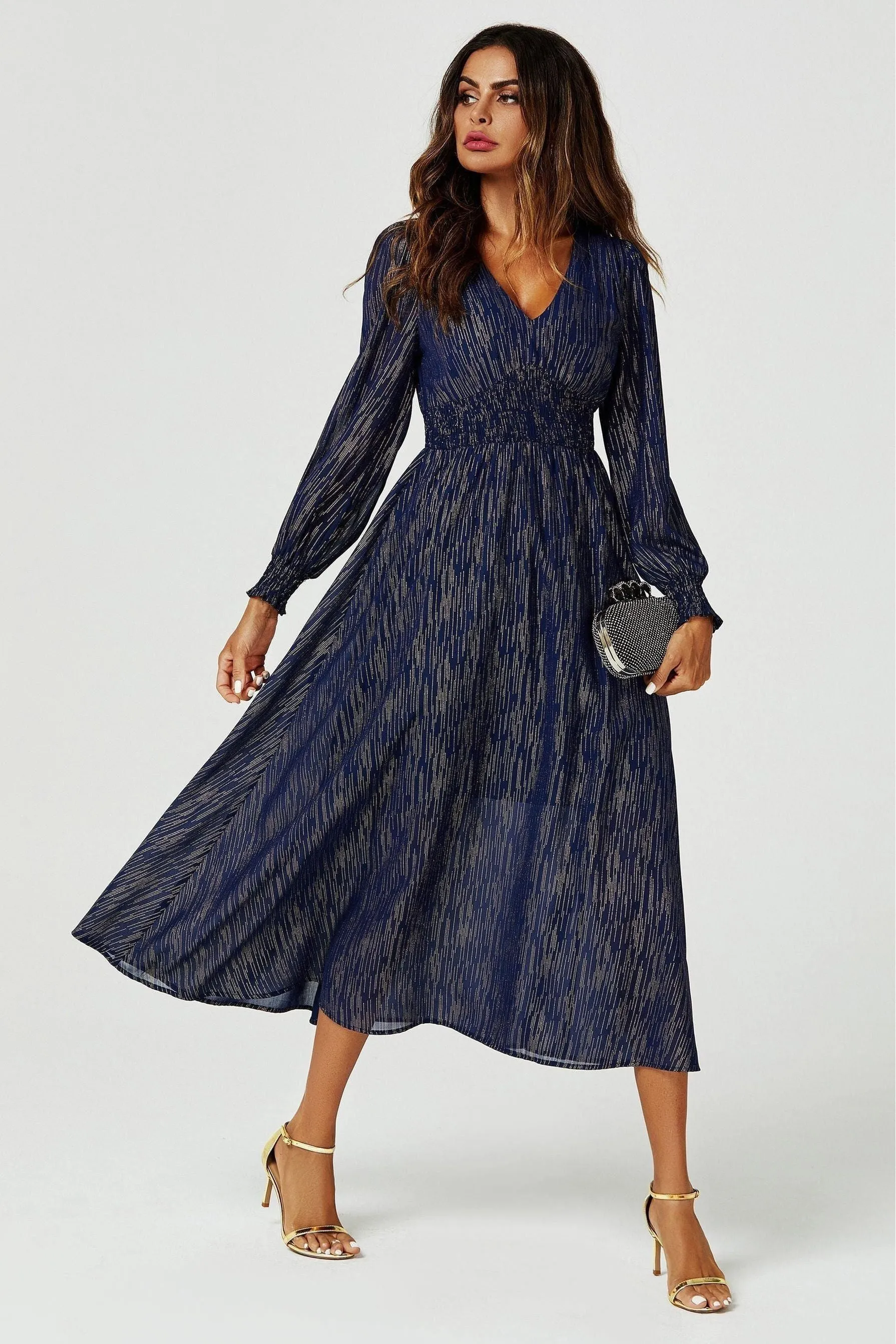 FS Collection Gold Stripe Foil Long Sleeve Maxi Dress In Navy