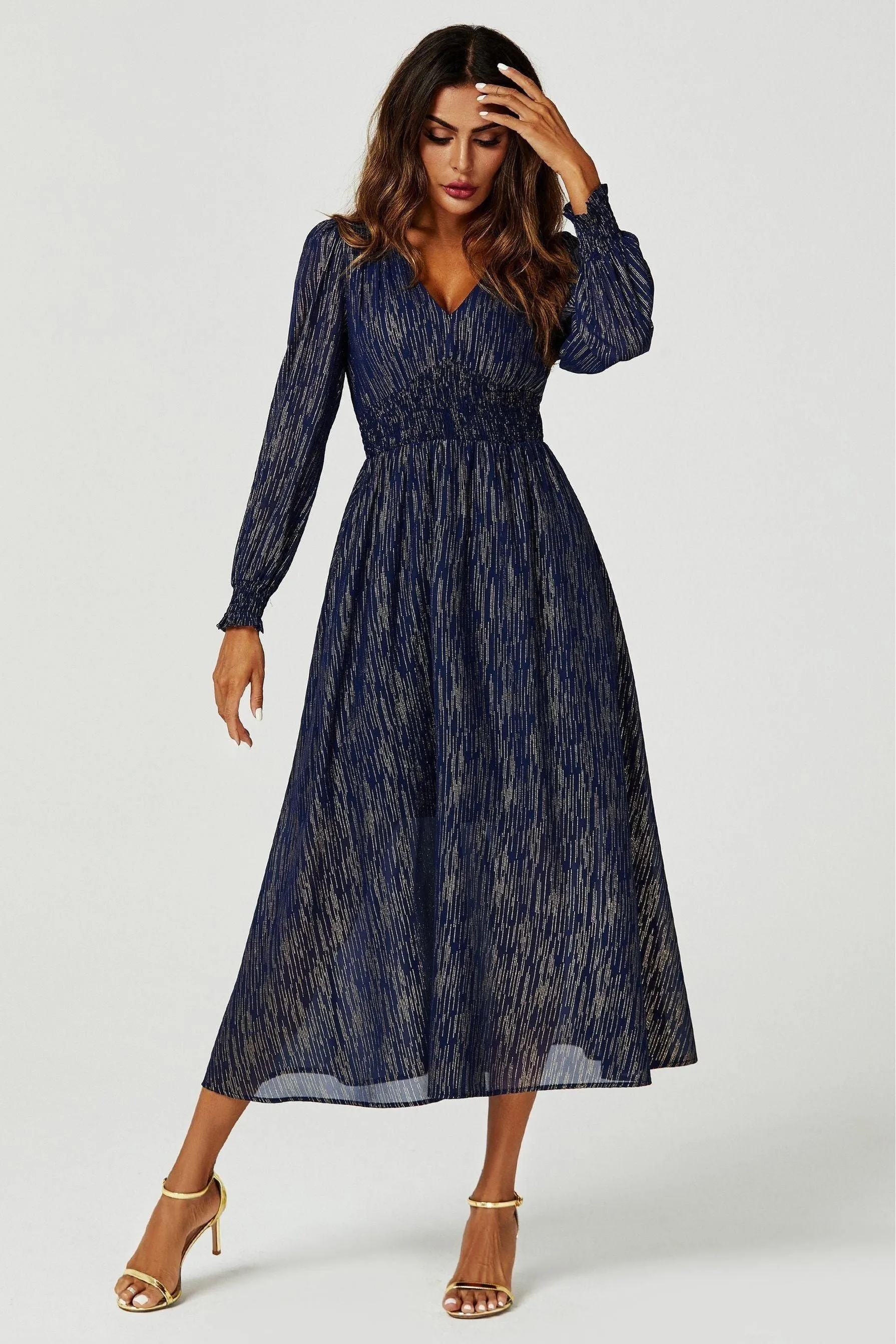 FS Collection Gold Stripe Foil Long Sleeve Maxi Dress In Navy