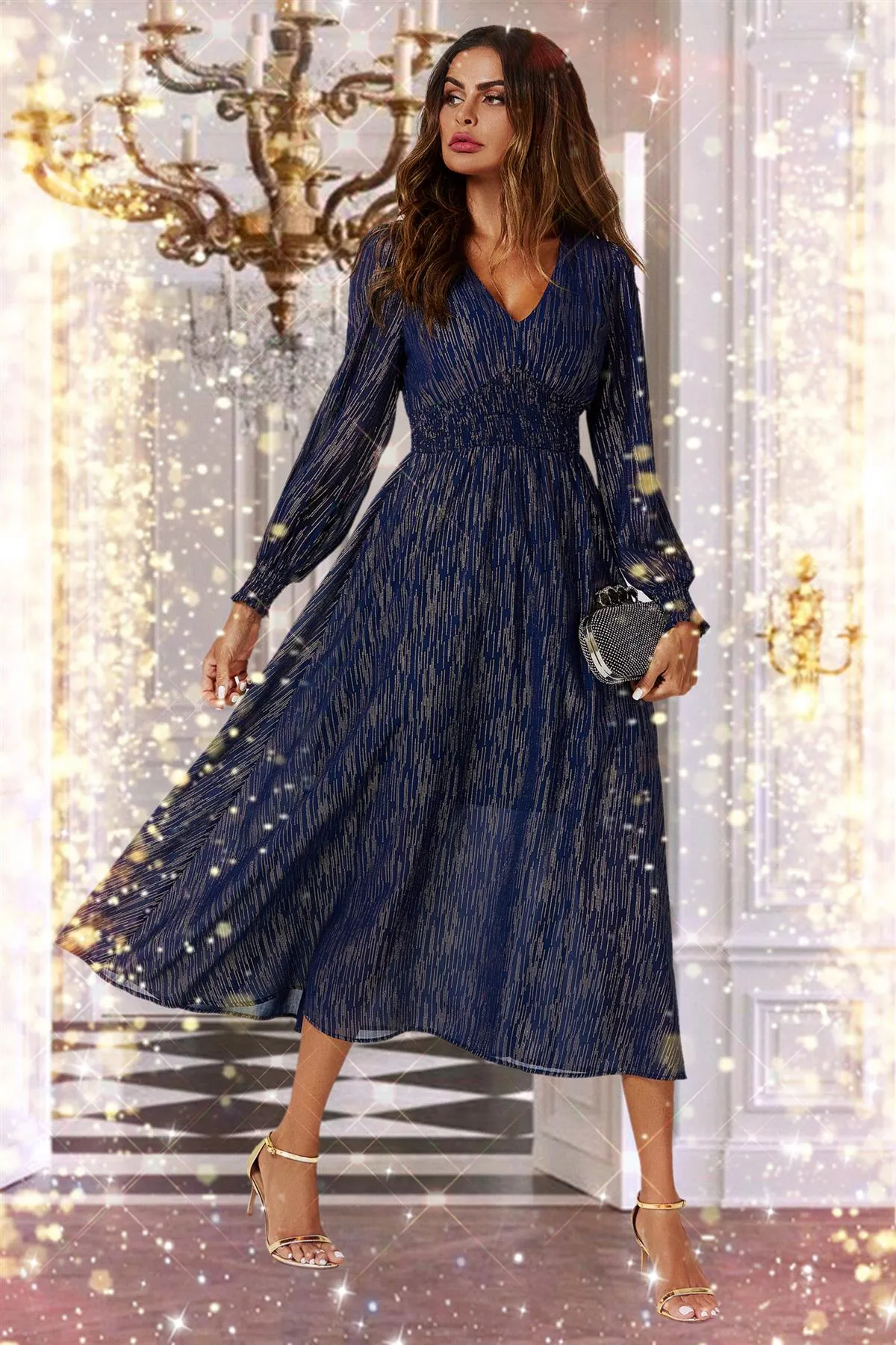 FS Collection Gold Stripe Foil Long Sleeve Maxi Dress In Navy