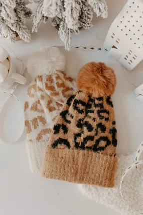 Fuzzy Leopard Print Pom Beanie