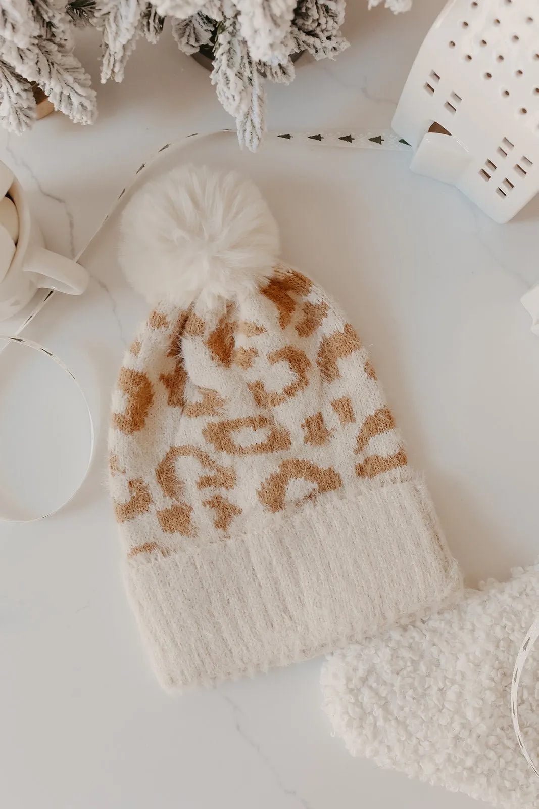 Fuzzy Leopard Print Pom Beanie