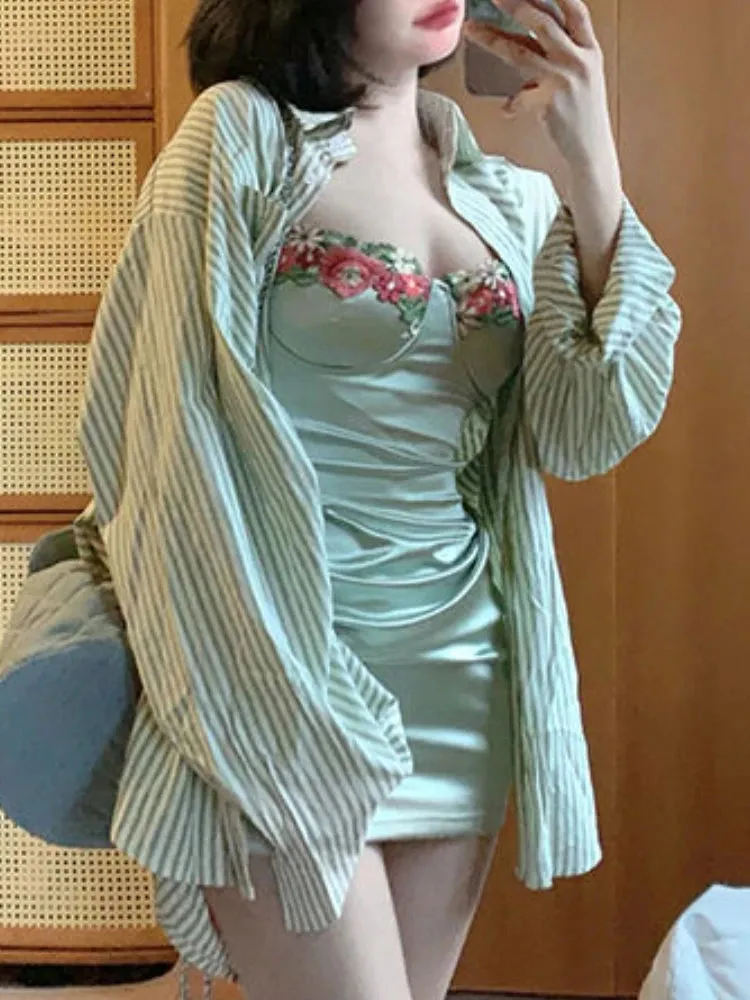 Girlary 2024 New Sweet Floral Dress Set Woman Casual Green Cardigan Elegant Striped Y2k Mini Dress Beach Korean Fashion Kawaii Suit