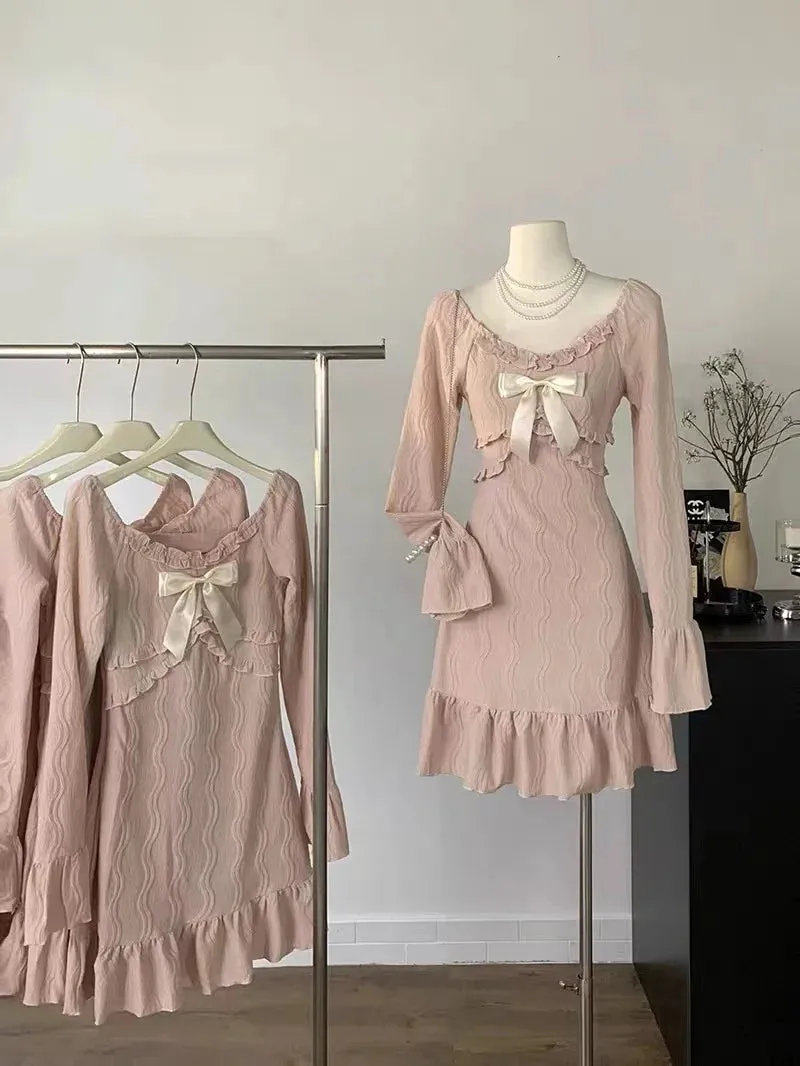 Girlary 2024 Summer Pink Sweet Slim Y2k Mini Dress Woman French Elegant Flare Sleeve Dress Party Casual One Piece Dress Korean Fashion