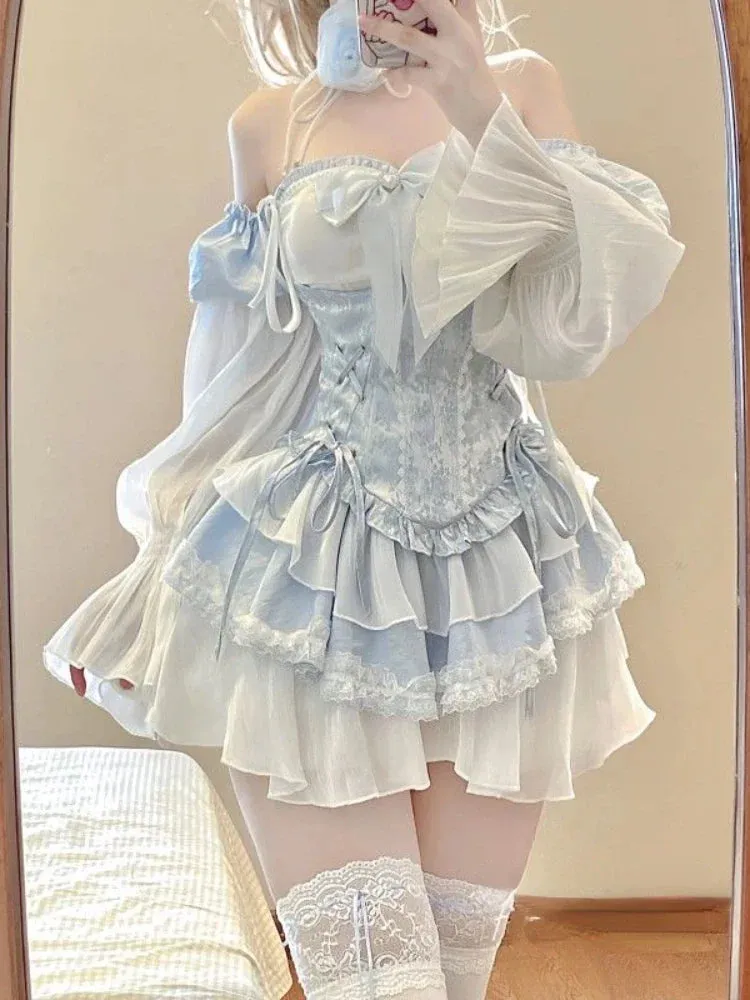 Girlary Autumn Blue Lolita Clothing Suit Slim Vest   Kawaii Y2k Mini Dress Elegant Short Party Dress Japanese Style Fashion Suit