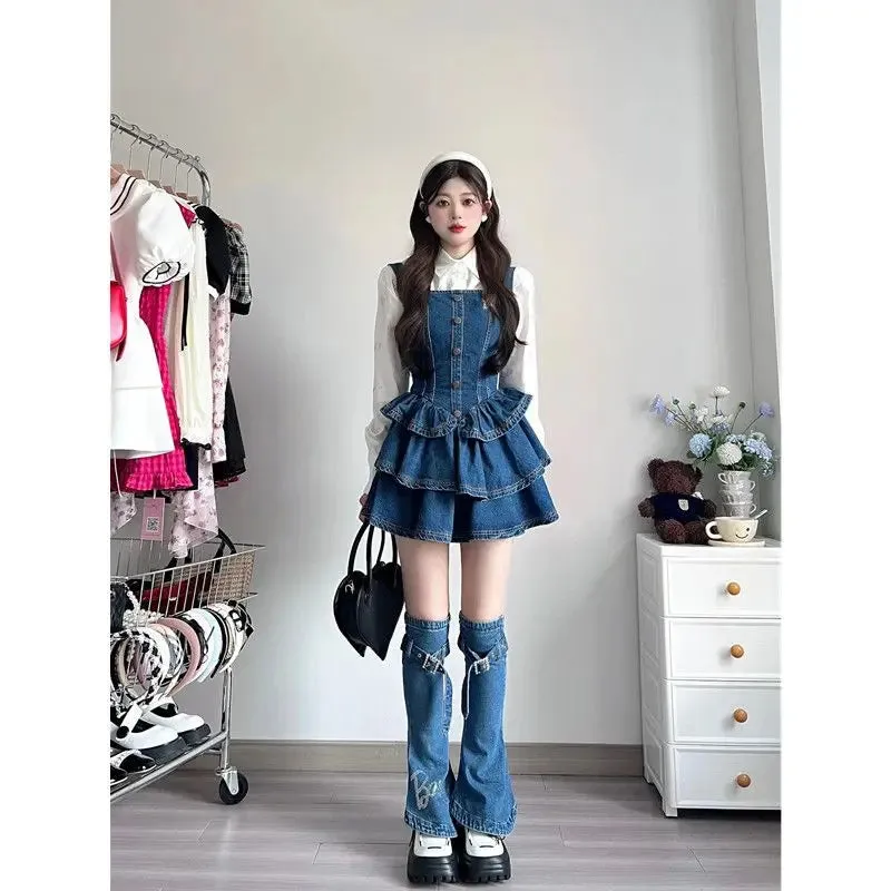 Girlary Autumn Camisole Jean Dress Sleeveless Denim Slim Vintage Y2k Mini Dress Women 3 Piece Dress Set Korean Fashion Clothing