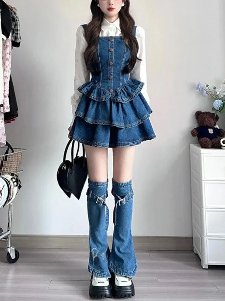 Girlary Autumn Camisole Jean Dress Sleeveless Denim Slim Vintage Y2k Mini Dress Women 3 Piece Dress Set Korean Fashion Clothing