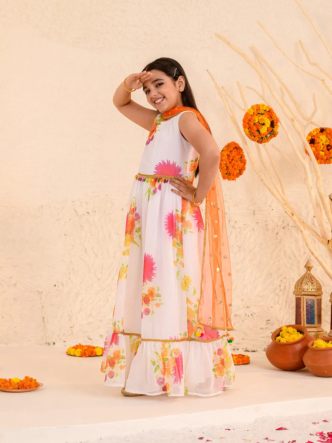 Girls Floral Printed Fit Flare Maxi Ethnic Dress With Dupatta - Ps Peaches