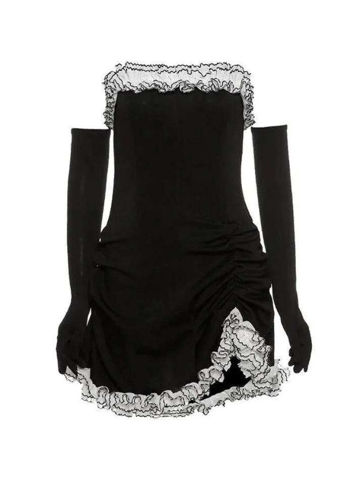 Gloves Detail Strapless Black Mini Dress